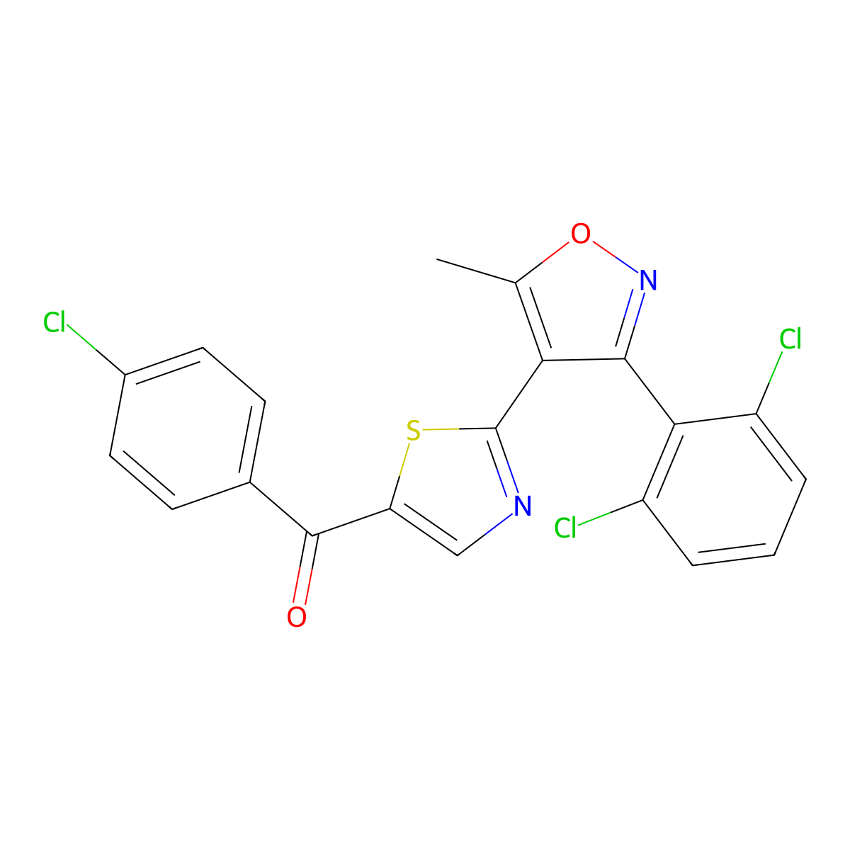 (4-Chlorophenyl){2-[3-(2,6-dichlorophenyl)-5-methyl-4-isoxazolyl]-1,3-thiazol-5-yl}methanone molecular structure, CAS 338965-22-3