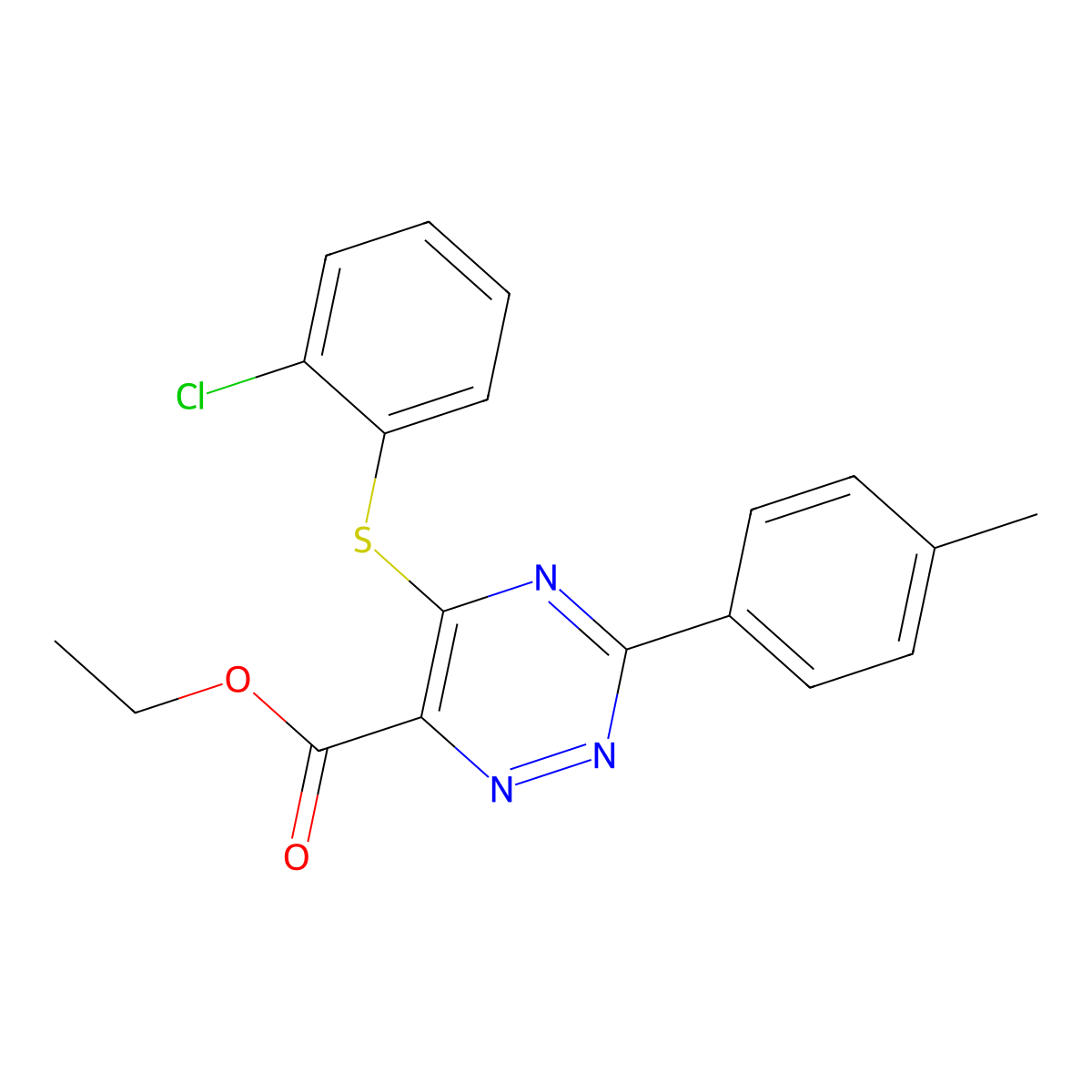 Ethyl 5-[(2-chlorophenyl)sulfanyl]-3-(4-methylphenyl)-1,2,4-triazine-6-carboxylate molecular structure, CAS 338965-78-9