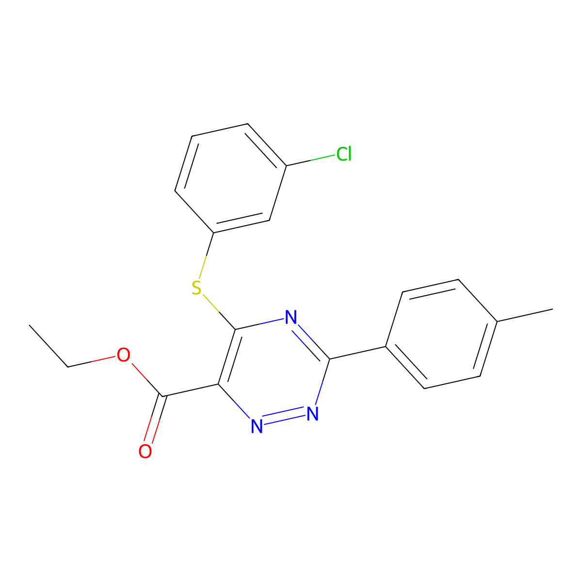 Ethyl 5-[(3-chlorophenyl)sulfanyl]-3-(4-methylphenyl)-1,2,4-triazine-6-carboxylate molecular structure, CAS 338965-79-0