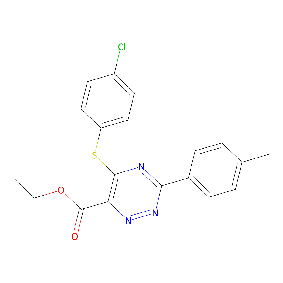 Ethyl 5-[(4-chlorophenyl)sulfanyl]-3-(4-methylphenyl)-1,2,4-triazine-6-carboxylate molecular structure, CAS 338965-80-3