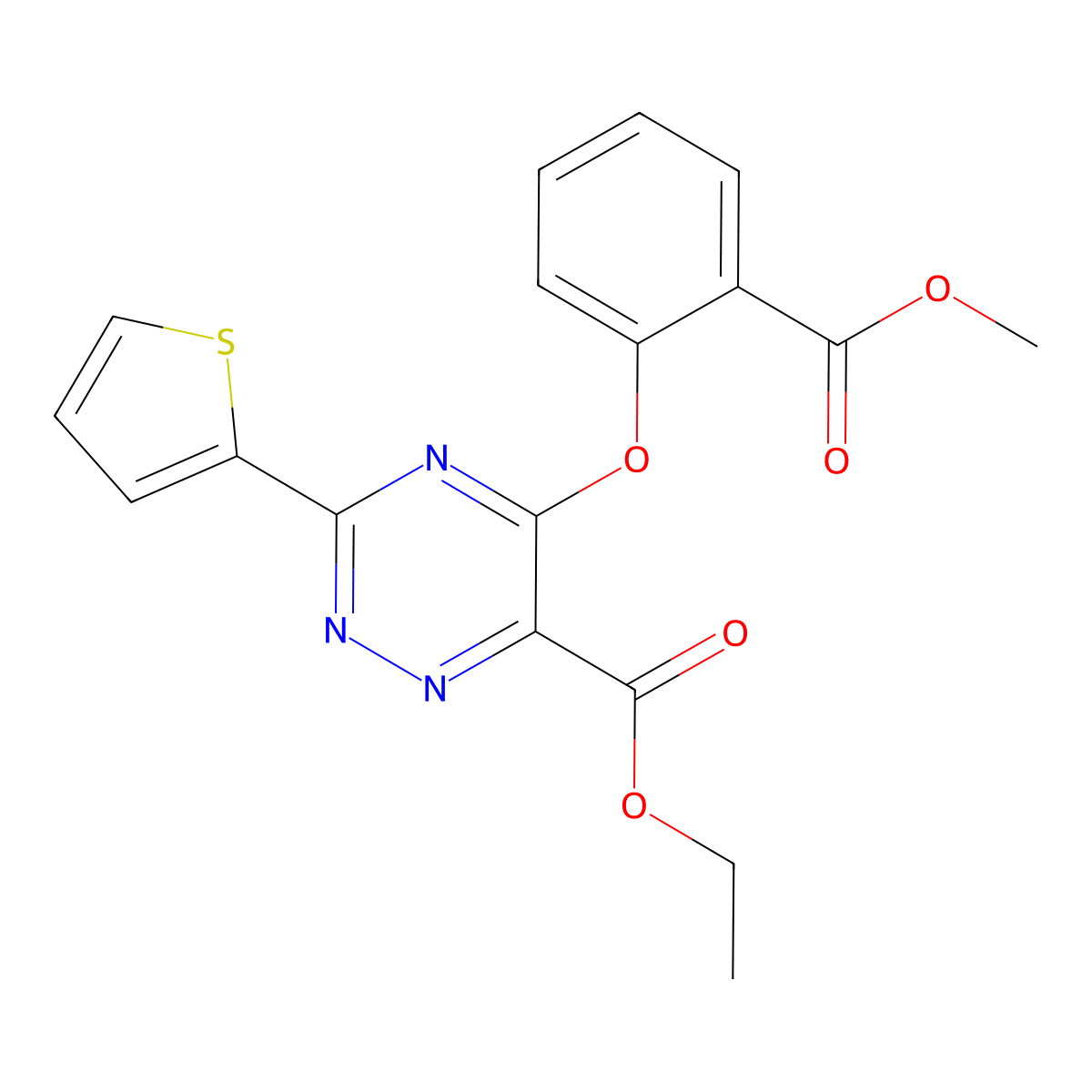 Ethyl 5-[2-(methoxycarbonyl)phenoxy]-3-(2-thienyl)-1,2,4-triazine-6-carboxylate molecular structure, CAS 338966-35-1