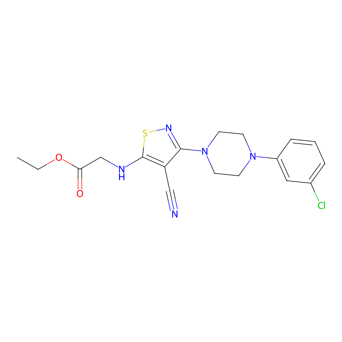 Ethyl 2-((3-(4-(3-chlorophenyl)piperazino)-4-cyano-5-isothiazolyl)amino)acetate molecular structure, CAS 338966-47-5