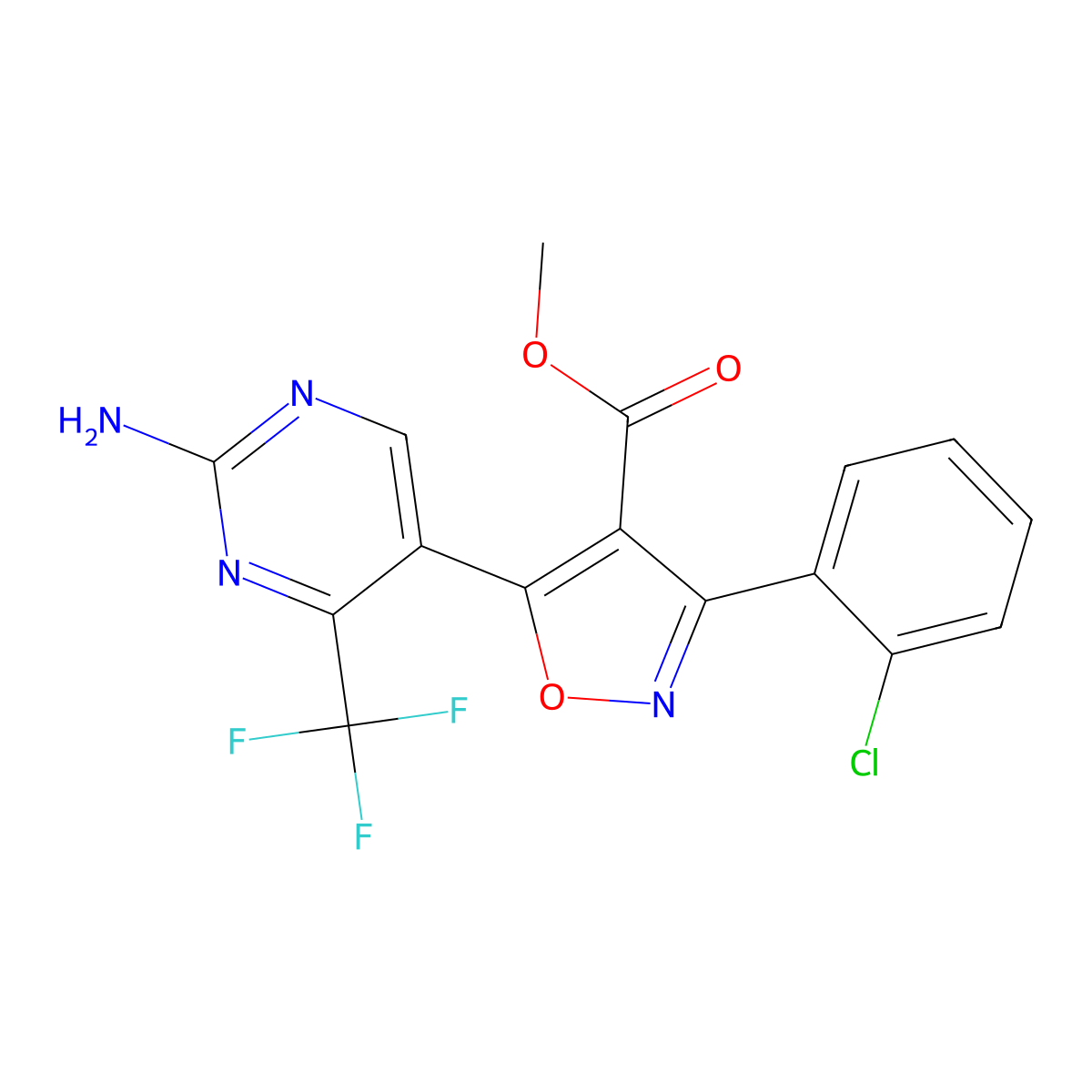 Methyl 5-[2-amino-4-(trifluoromethyl)pyrimidin-5-yl]-3-(2-chlorophenyl)-1,2-oxazole-4-carboxylate molecular structure, CAS 338966-60-2