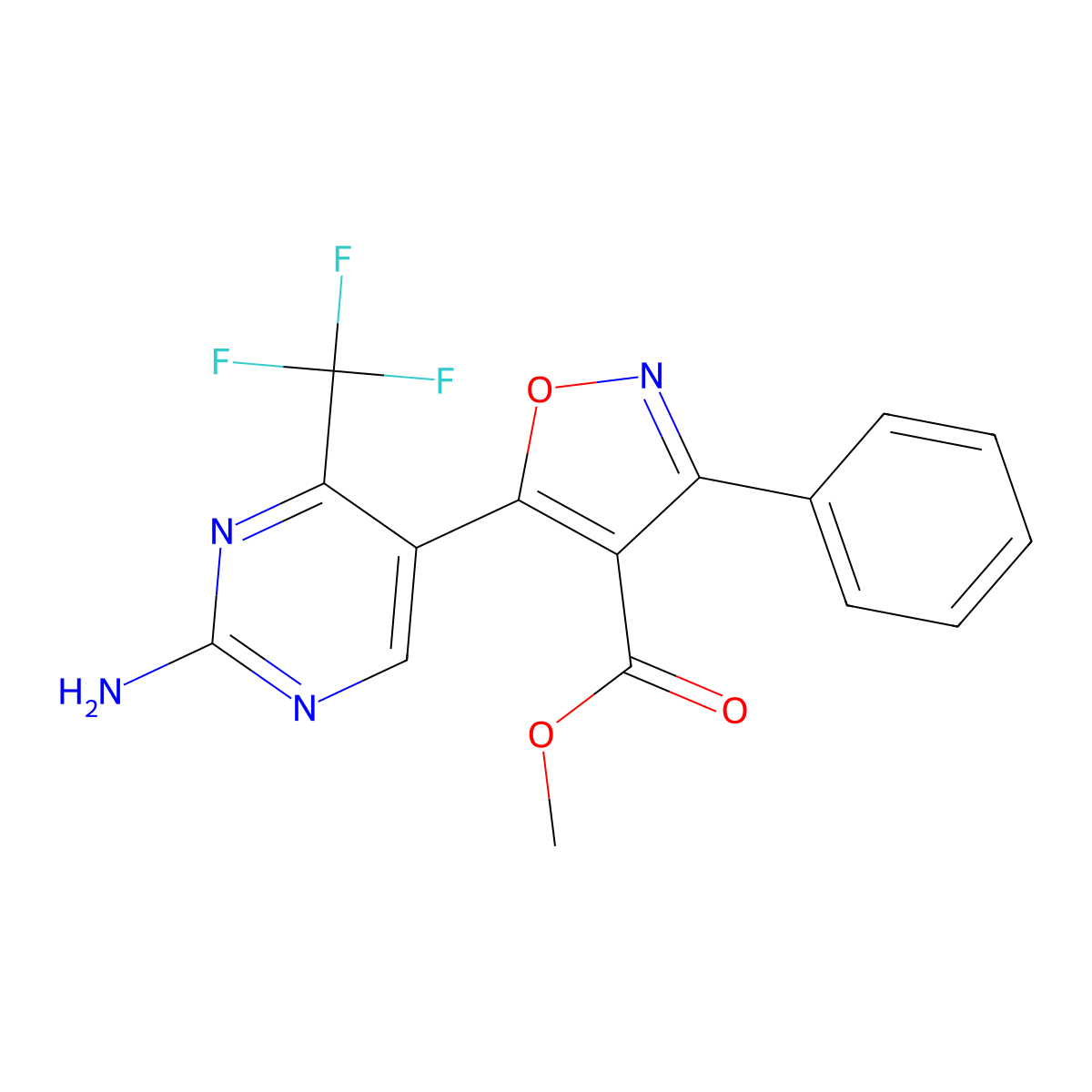 Methyl 5-[2-amino-4-(trifluoromethyl)pyrimidin-5-yl]-3-phenyl-1,2-oxazole-4-carboxylate molecular structure, CAS 338966-64-6