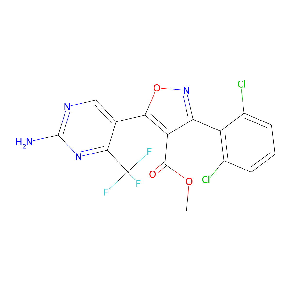 Methyl 5-[2-amino-4-(trifluoromethyl)pyrimidin-5-yl]-3-(2,6-dichlorophenyl)-1,2-oxazole-4-carboxylate molecular structure, CAS 338966-75-9