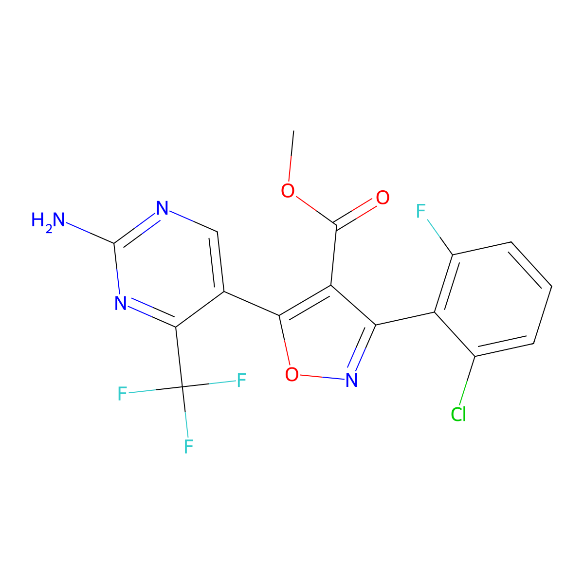 Methyl 5-[2-amino-4-(trifluoromethyl)pyrimidin-5-yl]-3-(2-chloro-6-fluorophenyl)-1,2-oxazole-4-carboxylate molecular structure, CAS 338966-76-0