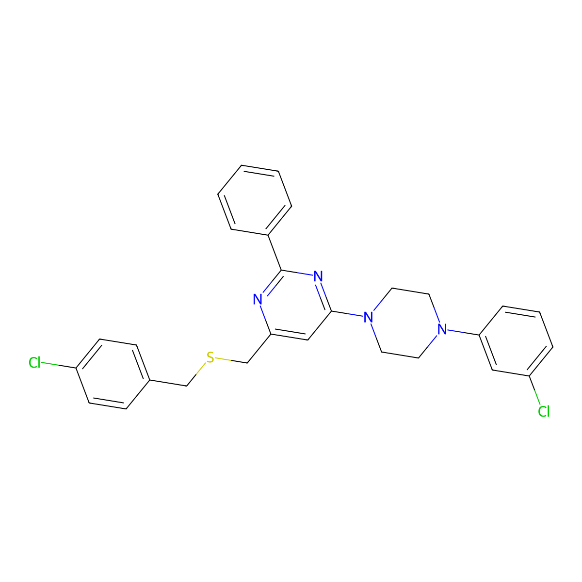 4-Chlorobenzyl {6-[4-(3-chlorophenyl)piperazino]-2-phenyl-4-pyrimidinyl}methyl sulfide molecular structure, CAS 338967-29-6