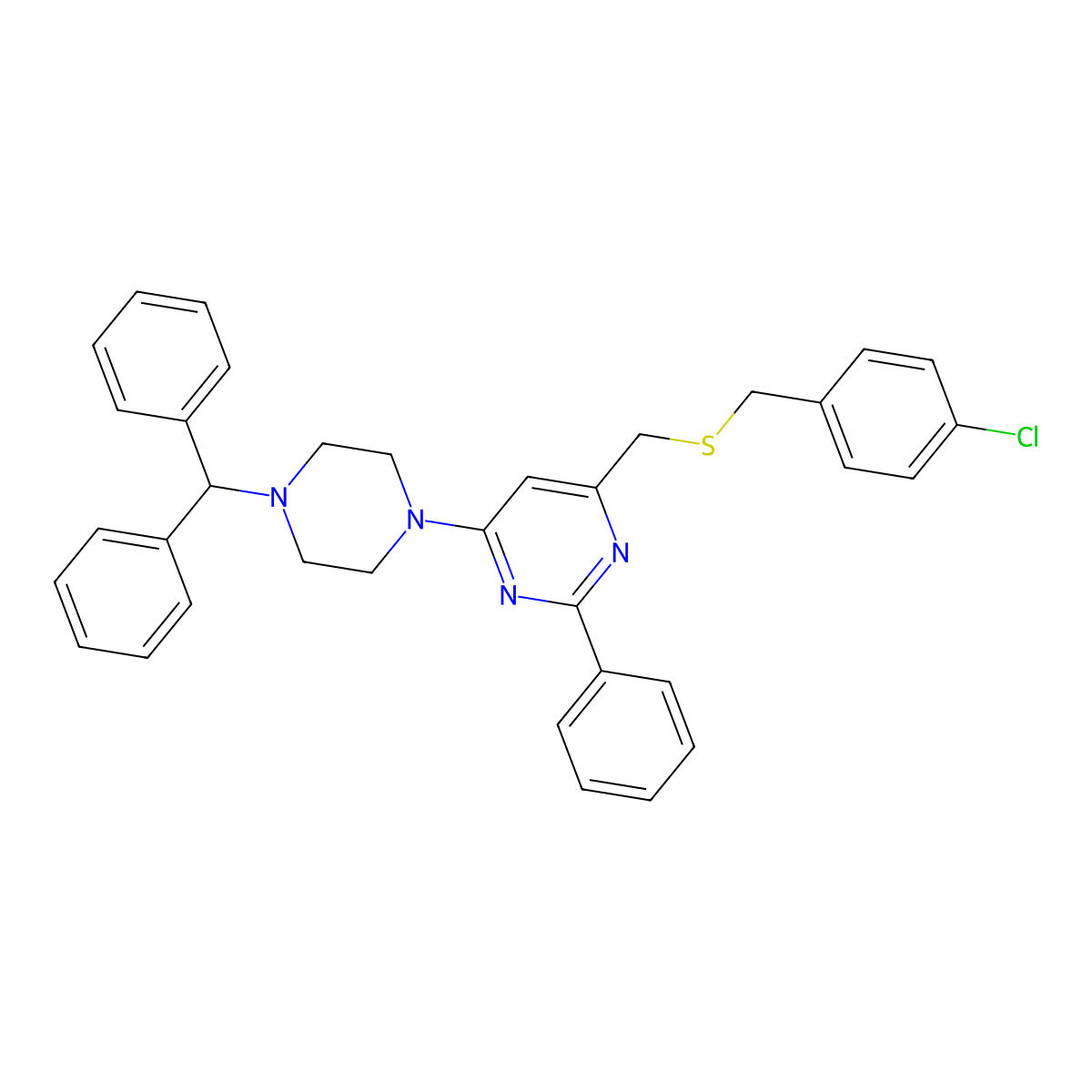 [6-(4-Benzhydrylpiperazino)-2-phenyl-4-pyrimidinyl]methyl 4-chlorobenzyl sulfide molecular structure, CAS 338967-30-9