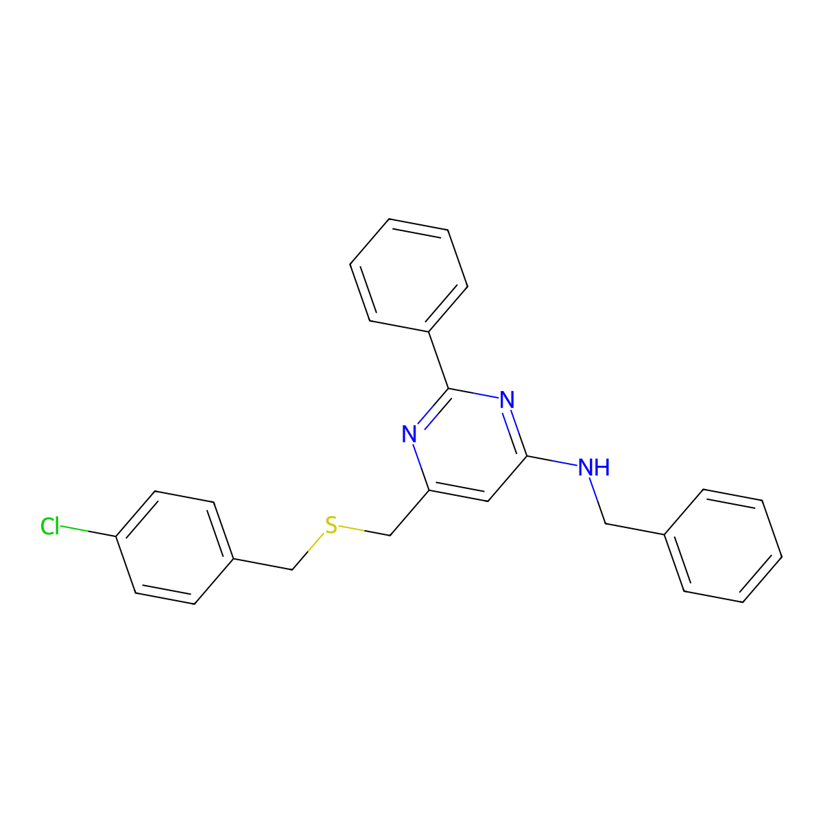 N-benzyl-6-{[(4-chlorobenzyl)sulfanyl]methyl}-2-phenyl-4-pyrimidinamine molecular structure, CAS 338967-31-0