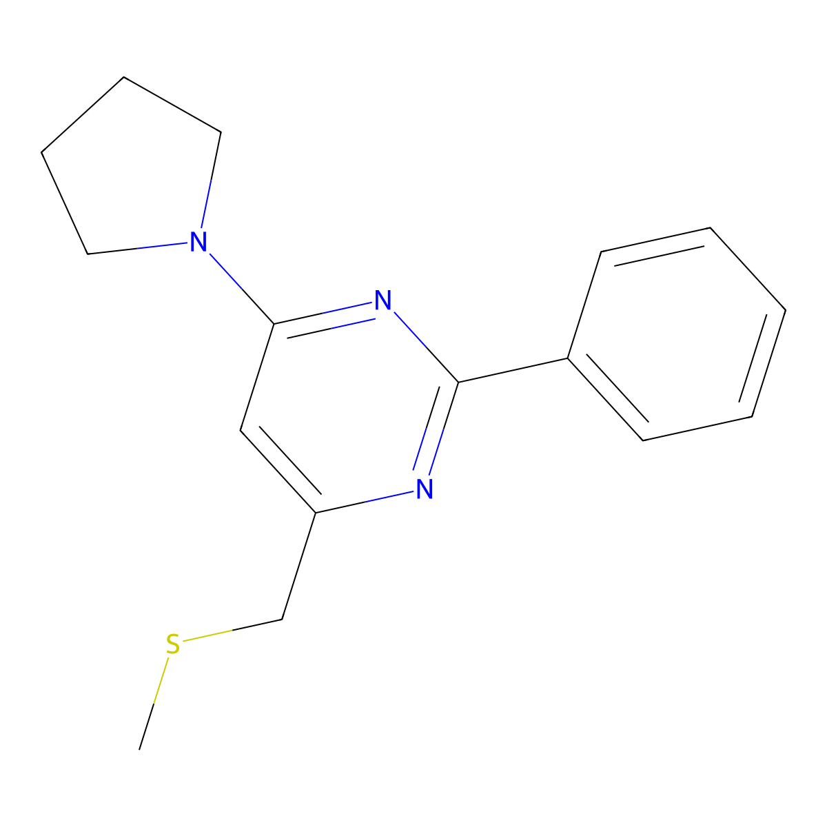 Methyl [2-phenyl-6-(1-pyrrolidinyl)-4-pyrimidinyl]methyl sulfide molecular structure, CAS 338967-52-5
