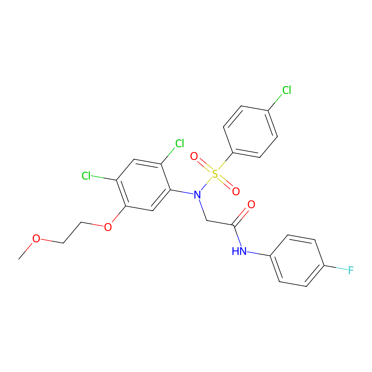 2-(N-(4-chlorophenylsulfonyl)-2,4-dichloro-5-(2-methoxyethoxy)phenylamino)-N-(4-fluorophenyl)acetamide molecular structure, CAS 338967-64-9