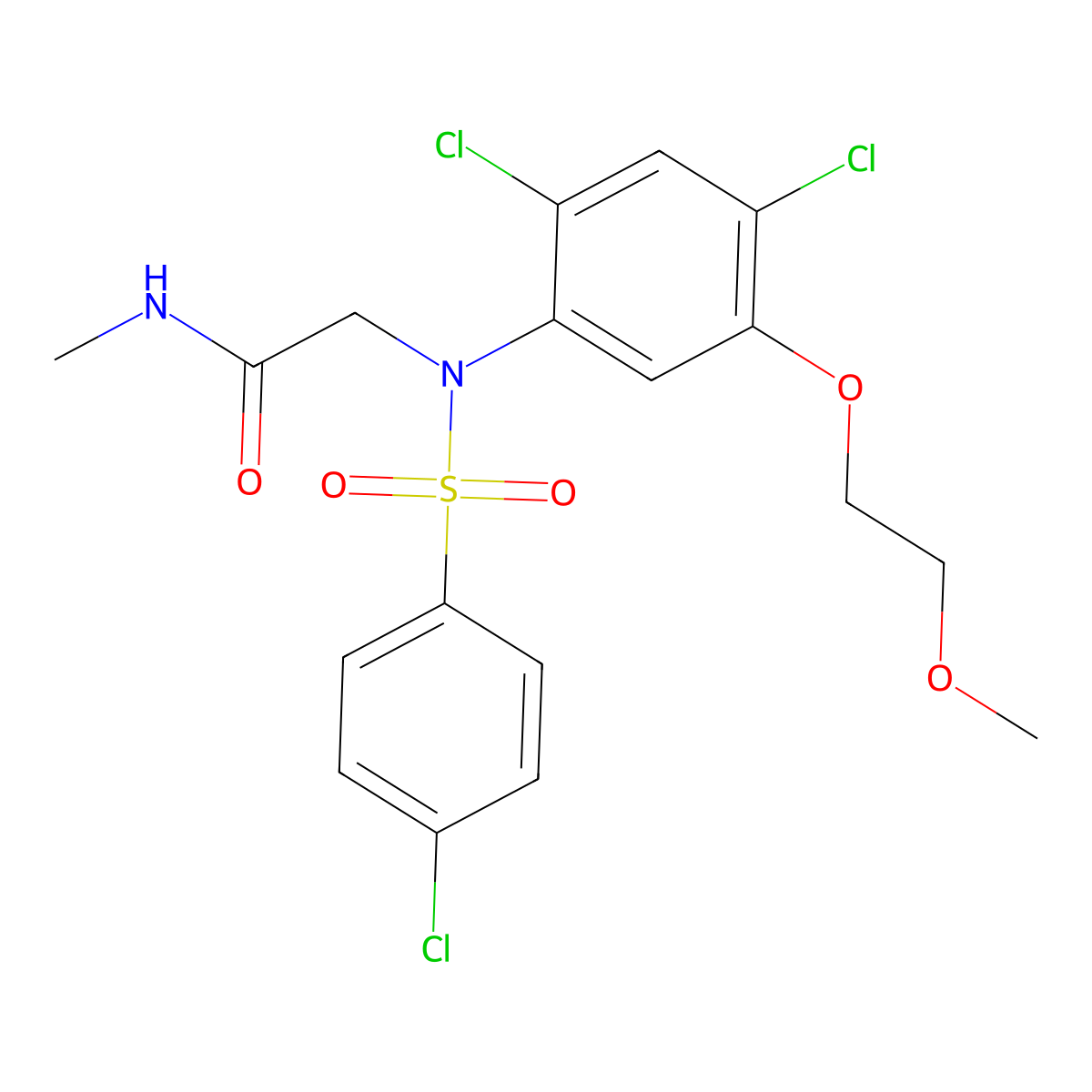 2-(N-(4-chlorophenylsulfonyl)-2,4-dichloro-5-(2-methoxyethoxy)phenylamino)-N-methylacetamide molecular structure, CAS 338967-67-2