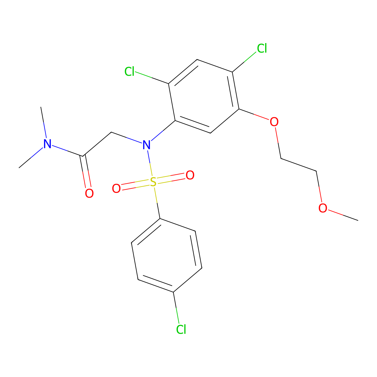 2-(N-(4-chlorophenylsulfonyl)-2,4-dichloro-5-(2-methoxyethoxy)phenylamino)-N,N-dimethylacetamide molecular structure, CAS 338967-68-3