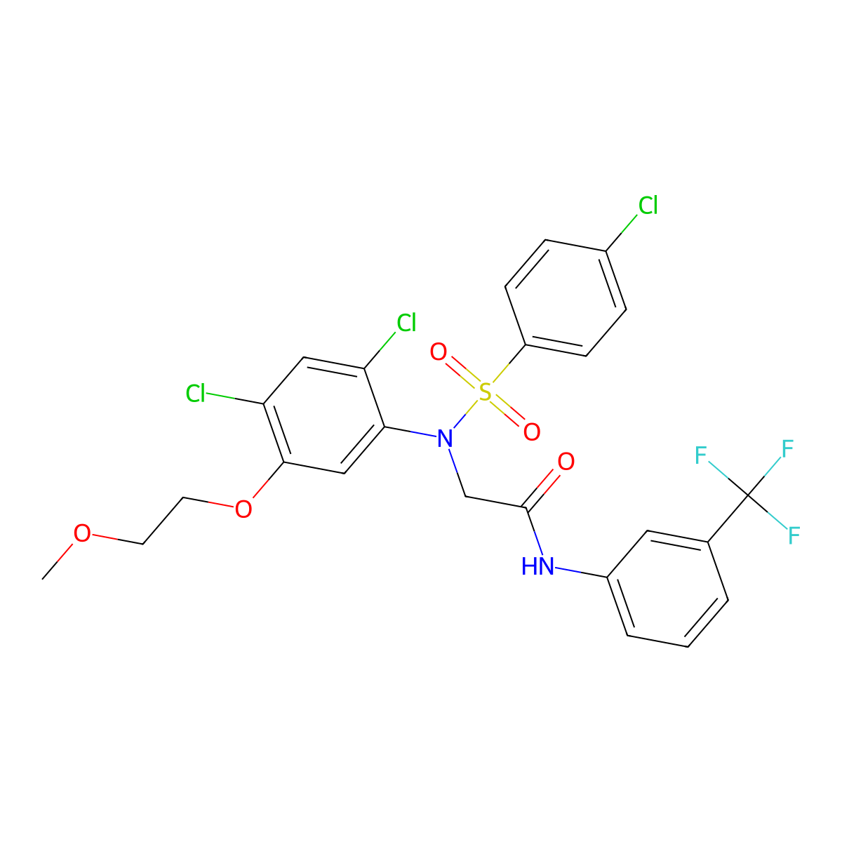 2-(N-(4-chlorophenylsulfonyl)-2,4-dichloro-5-(2-methoxyethoxy)phenylamino)-N-(3-trifluoromethylphenyl)acetamide molecular structure, CAS 338967-70-7