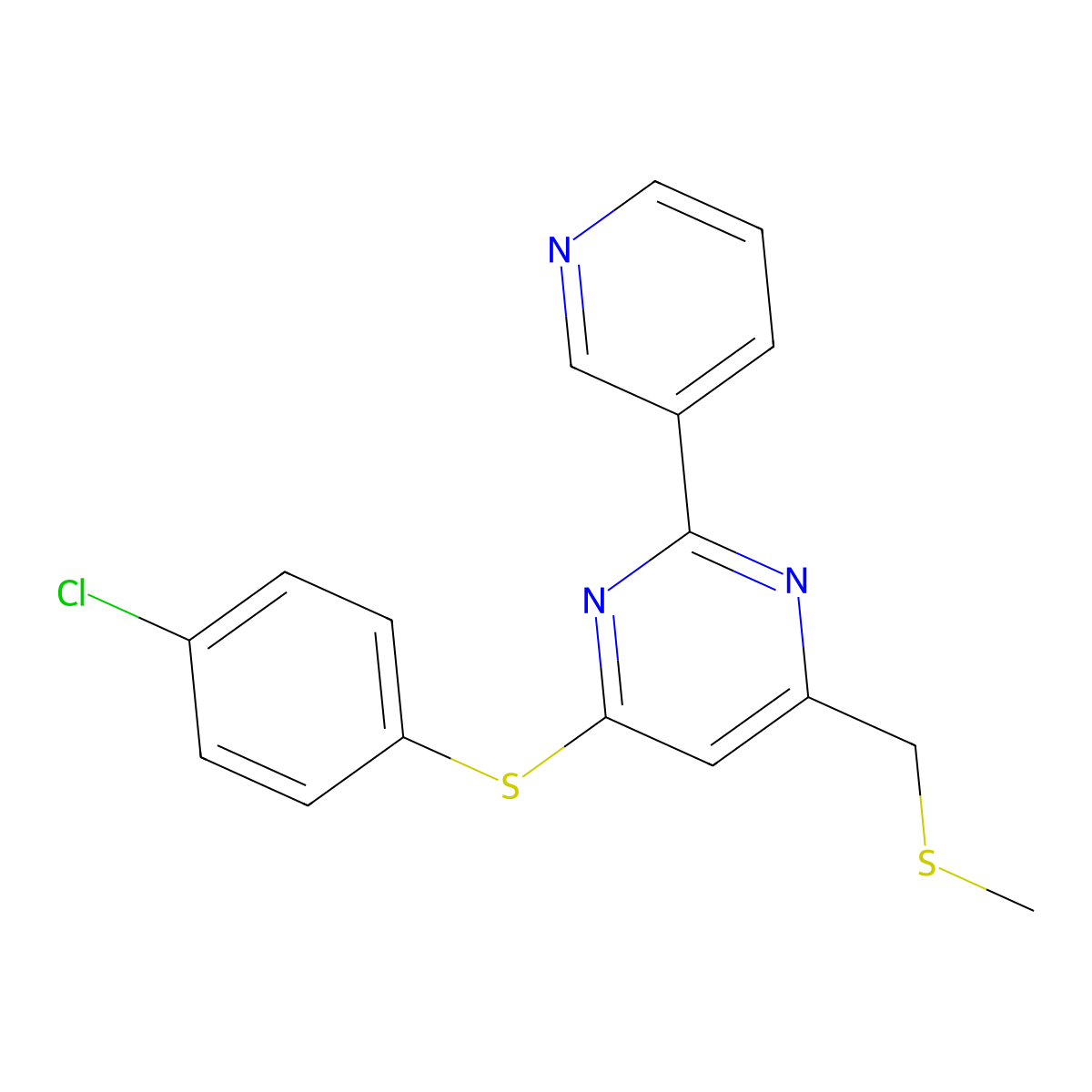 4-Chlorophenyl 6-[(methylsulfanyl)methyl]-2-(3-pyridinyl)-4-pyrimidinyl sulfide molecular structure, CAS 338967-76-3