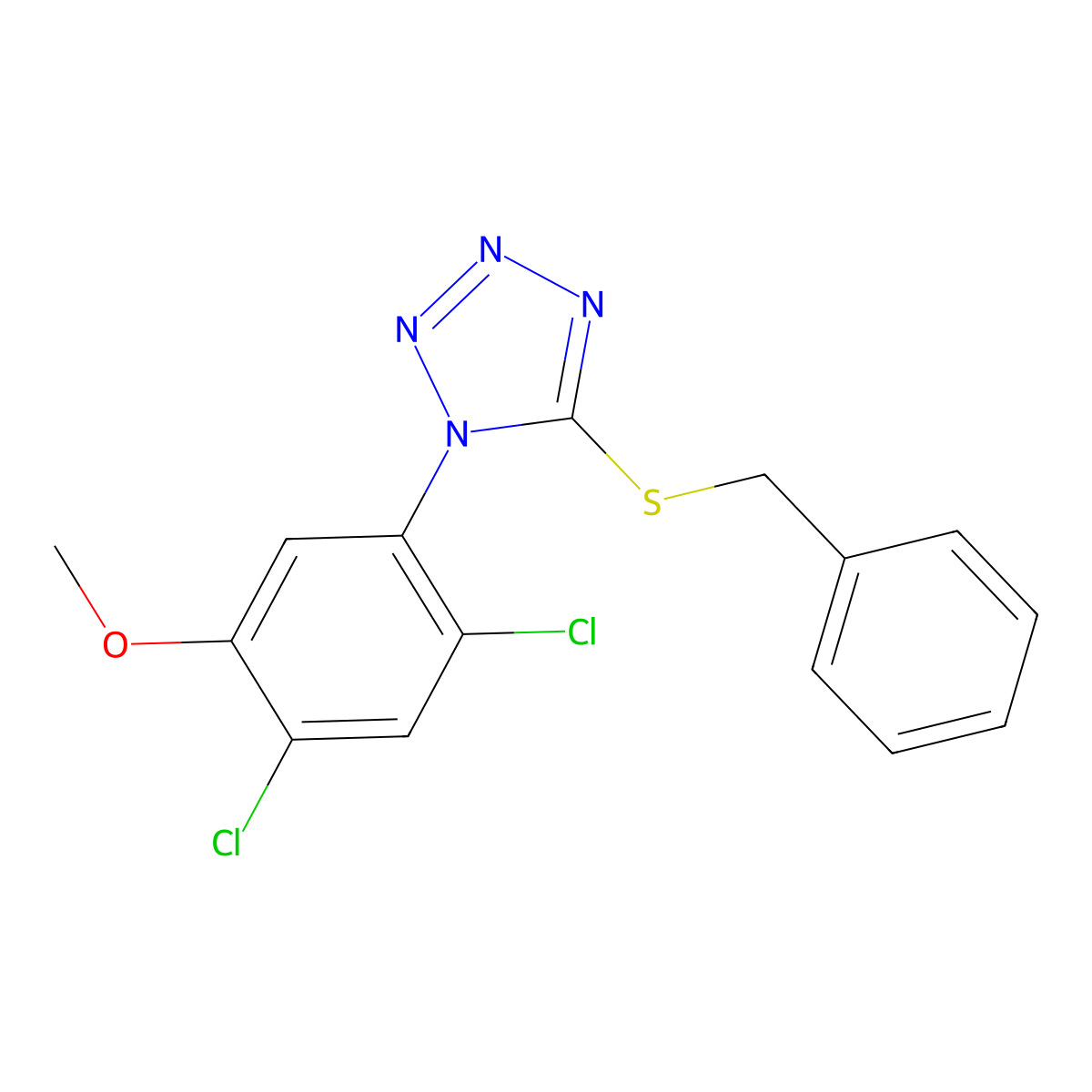 5-(benzylsulfanyl)-1-(2,4-dichloro-5-methoxyphenyl)-1H-1,2,3,4-tetraazole molecular structure, CAS 338967-91-2