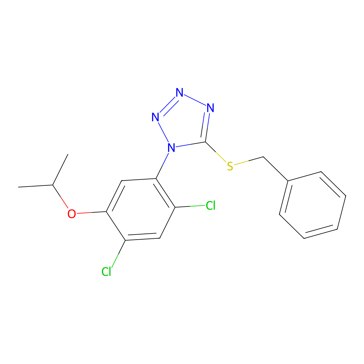 5-(benzylsulfanyl)-1-(2,4-dichloro-5-isopropoxyphenyl)-1H-1,2,3,4-tetraazole molecular structure, CAS 338967-99-0