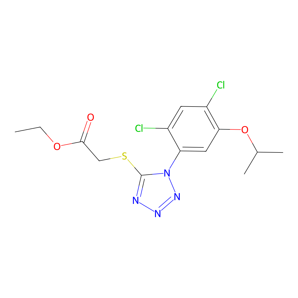 ethyl 2-{[1-(2,4-dichloro-5-isopropoxyphenyl)-1H-1,2,3,4-tetraazol-5-yl]sulfanyl}acetate molecular structure, CAS 338968-02-8