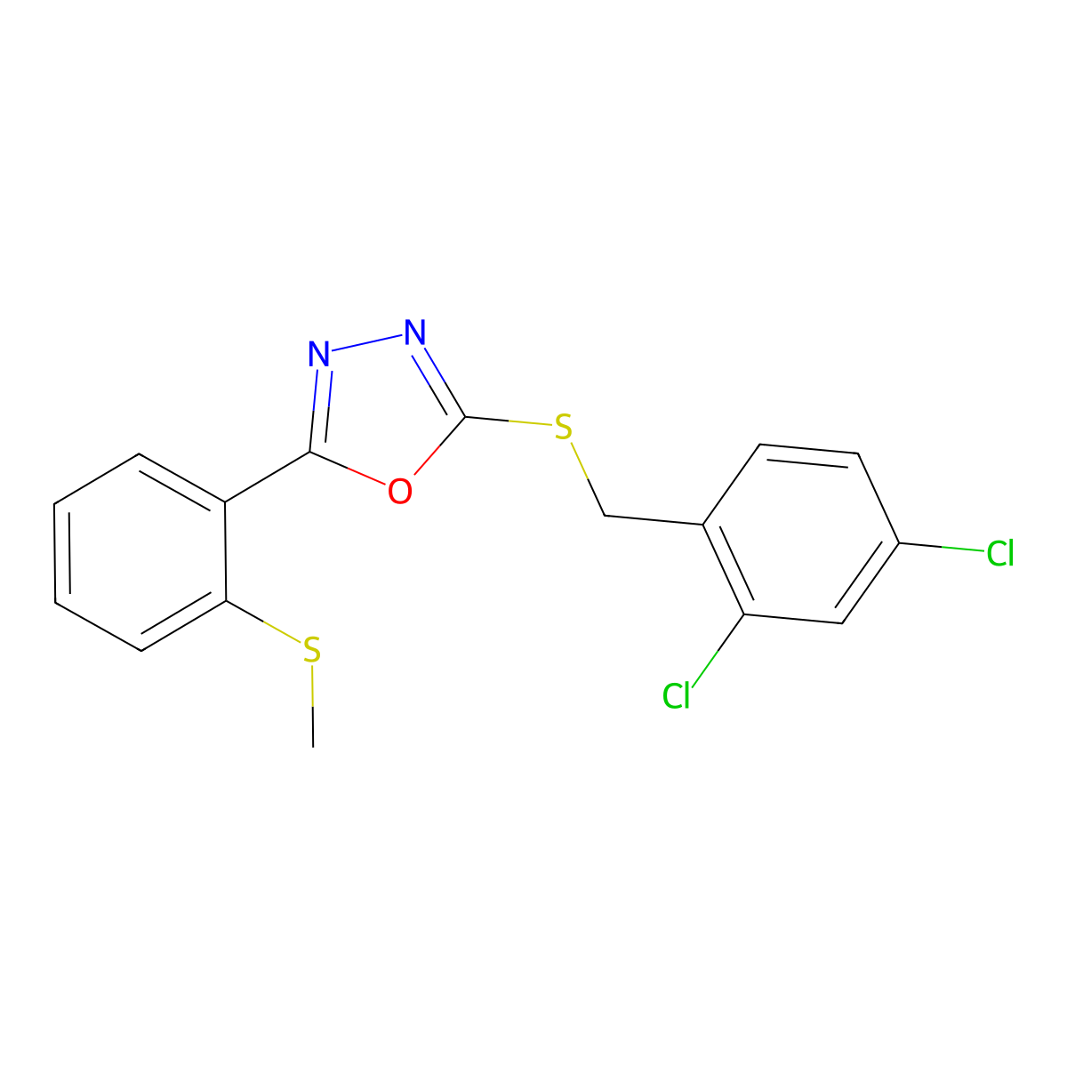 2-[(2,4-Dichlorobenzyl)sulfanyl]-5-[2-(methylsulfanyl)phenyl]-1,3,4-oxadiazole molecular structure, CAS 338968-06-2