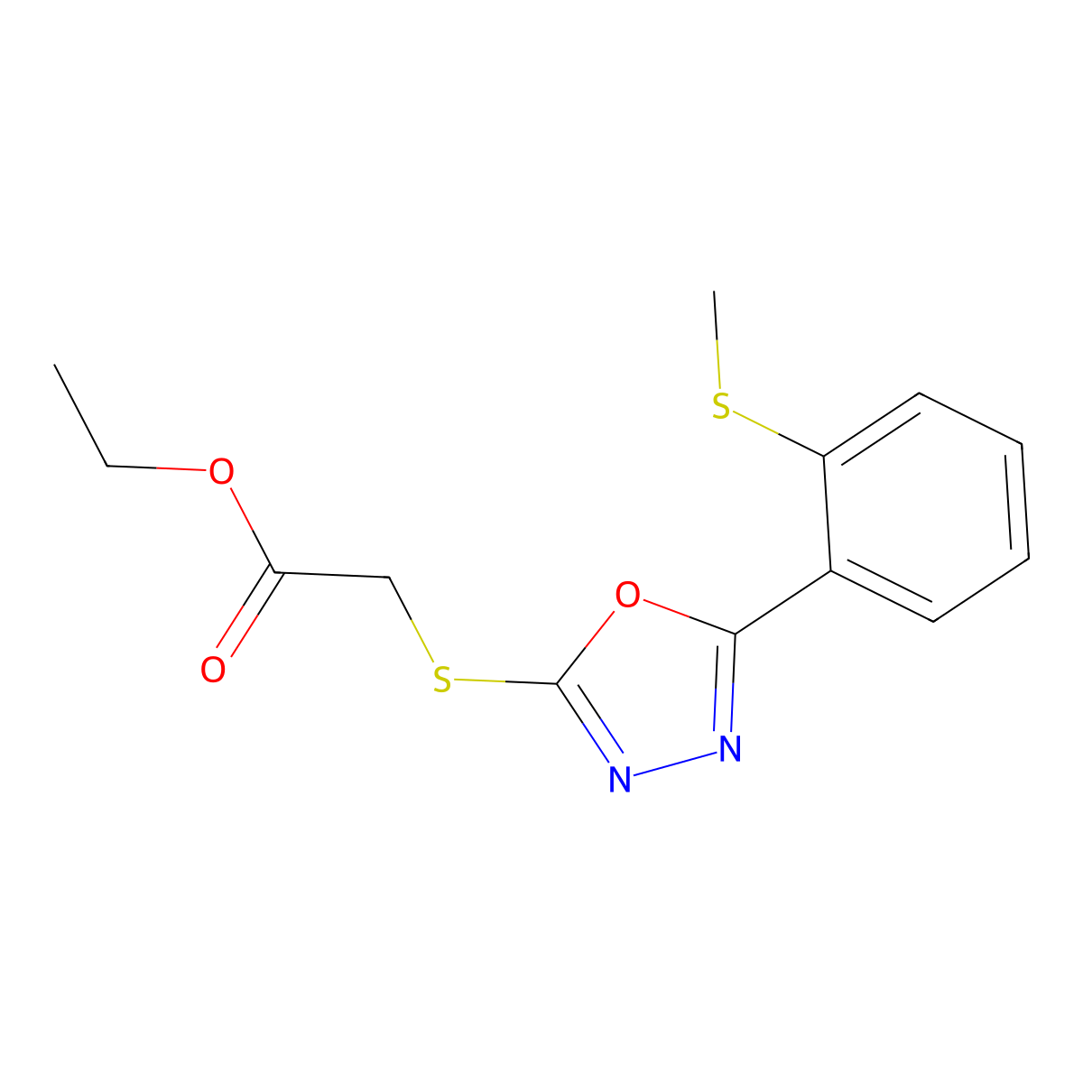 Ethyl 2-({5-[2-(methylsulfanyl)phenyl]-1,3,4-oxadiazol-2-yl}sulfanyl)acetate molecular structure, CAS 338968-09-5