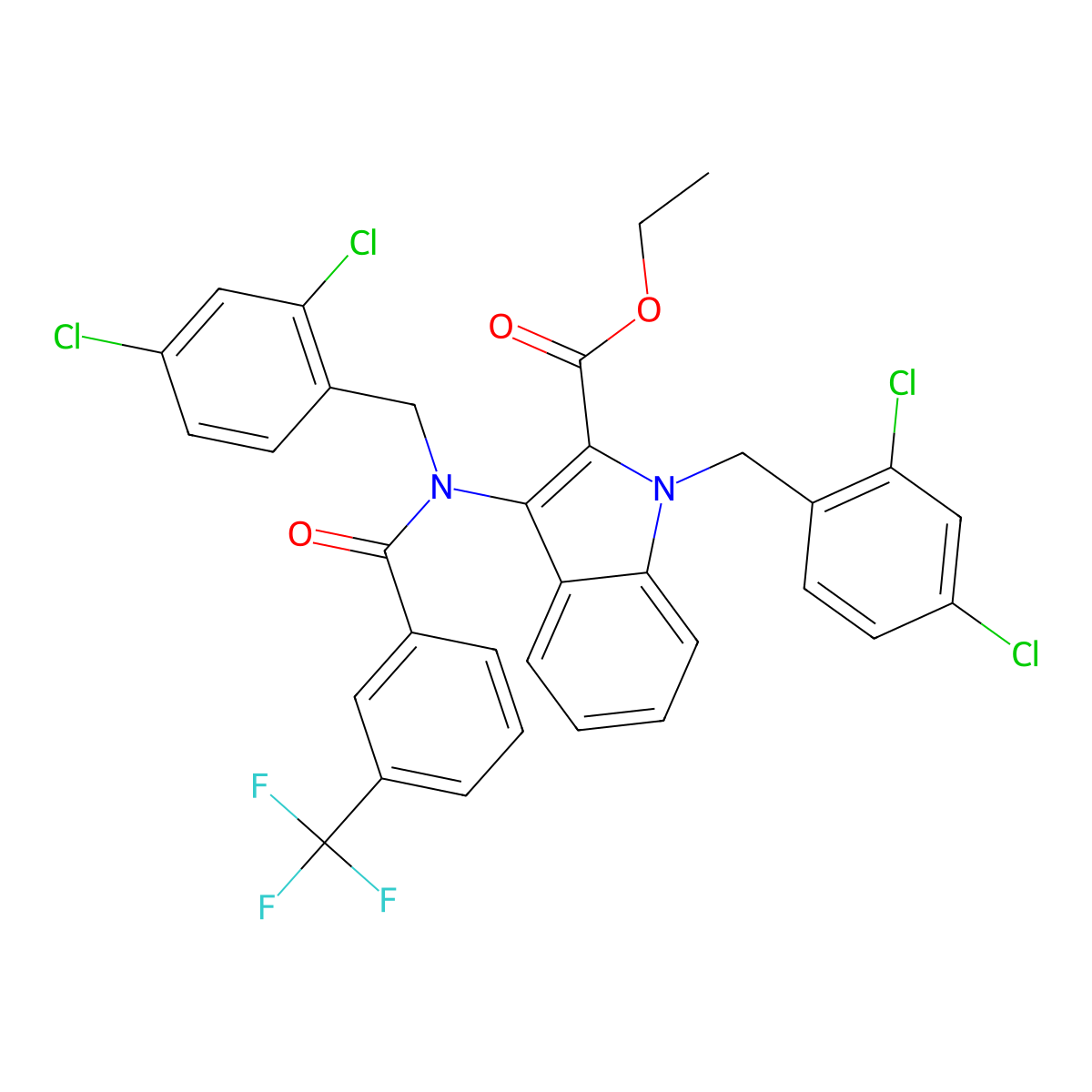 Ethyl 1-(2,4-dichlorobenzyl)-3-((2,4-dichlorobenzyl)(3-(trifluoromethyl)benzoyl)amino)-1H-indole-2-carboxylate molecular structure, CAS 338968-30-2