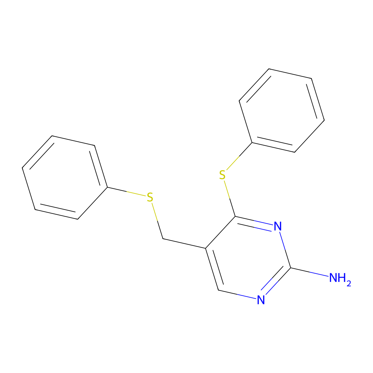 4-(Phenylsulfanyl)-5-[(phenylsulfanyl)methyl]-2-pyrimidinamine molecular structure, CAS 338975-32-9