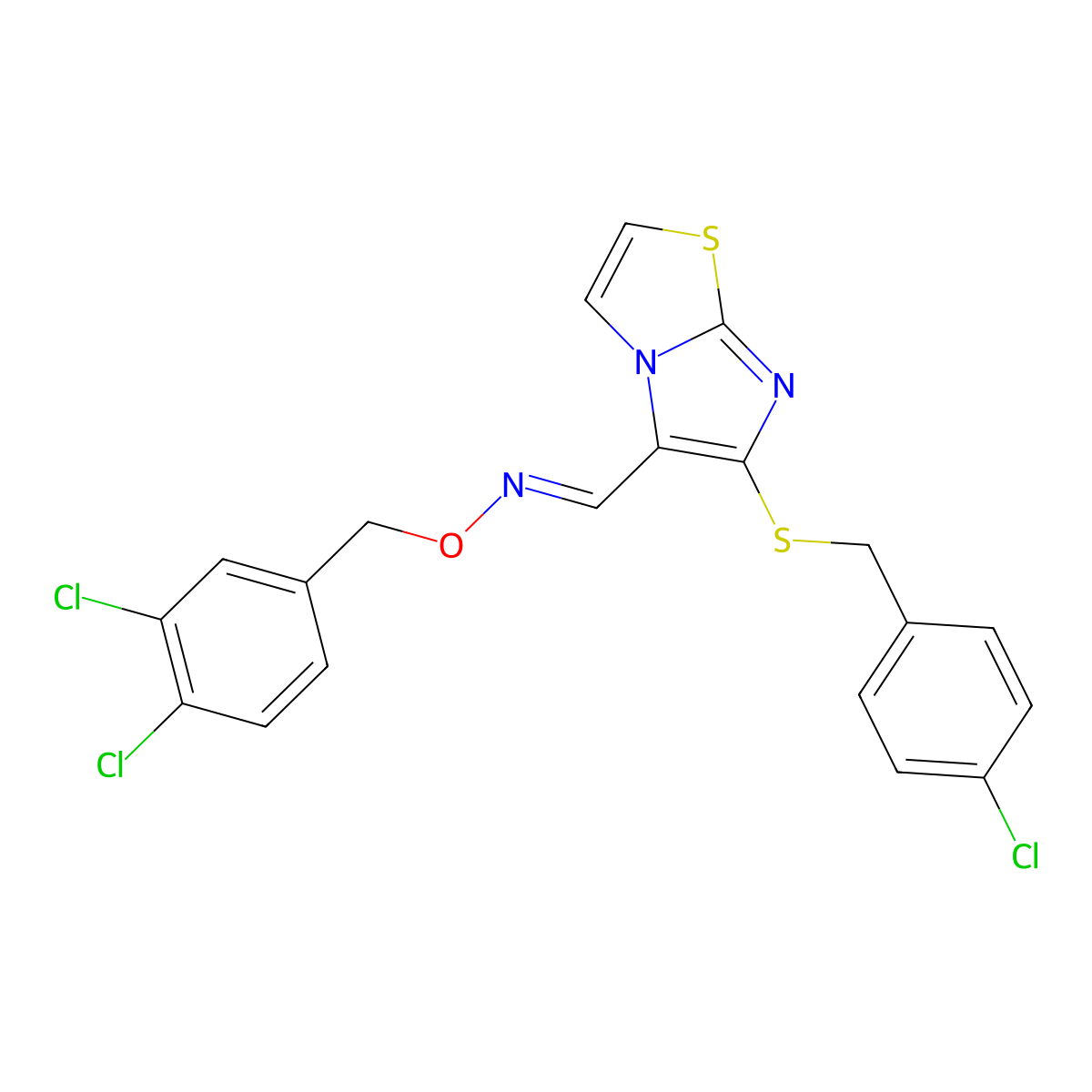 6-[[(4-Chlorophenyl)methyl]thio]imidazo[2,1-b]thiazole-5-carboxaldehyde O-[(3,4-dichlorophenyl)methyl]oxime molecular structure, CAS 338976-35-5