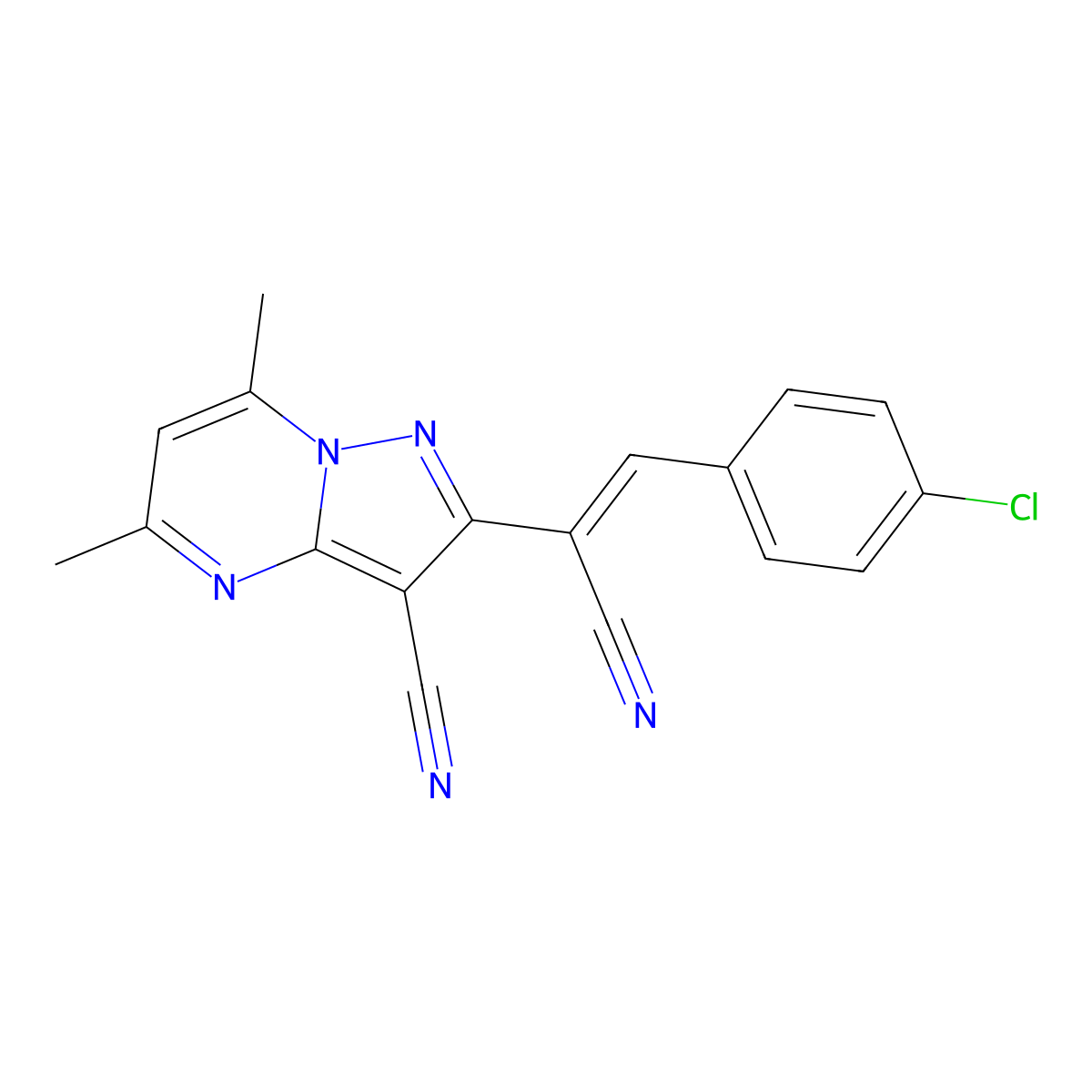 2-[(1Z)-2-(4-chlorophenyl)-1-cyanoeth-1-en-1-yl]-5,7-dimethylpyrazolo[1,5-a]pyrimidine-3-carbonitrile molecular structure, CAS 338977-13-2