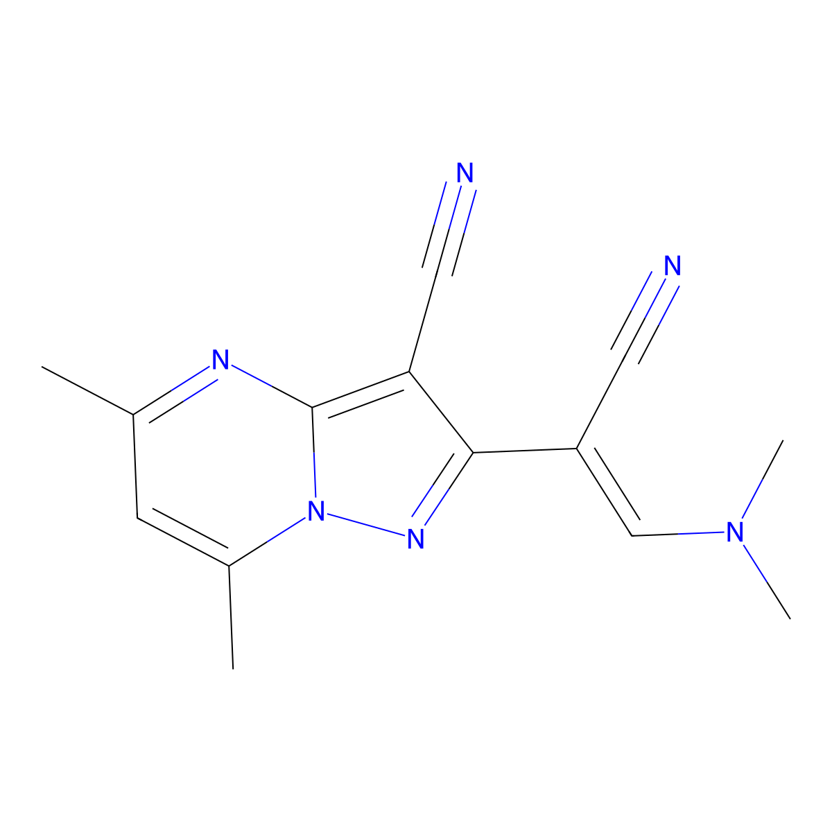 2-[1-Cyano-2-(dimethylamino)vinyl]-5,7-dimethylpyrazolo[1,5-a]pyrimidine-3-carbonitrile molecular structure, CAS 338977-21-2