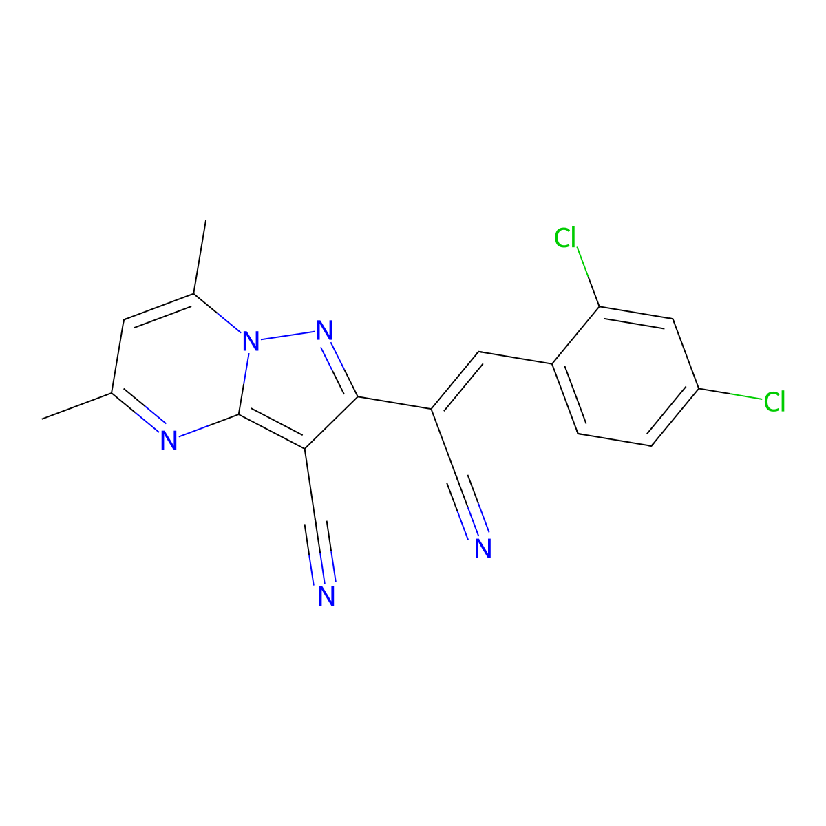 2-[1-Cyano-2-(2,4-dichlorophenyl)vinyl]-5,7-dimethylpyrazolo[1,5-a]pyrimidine-3-carbonitrile molecular structure, CAS 338977-22-3