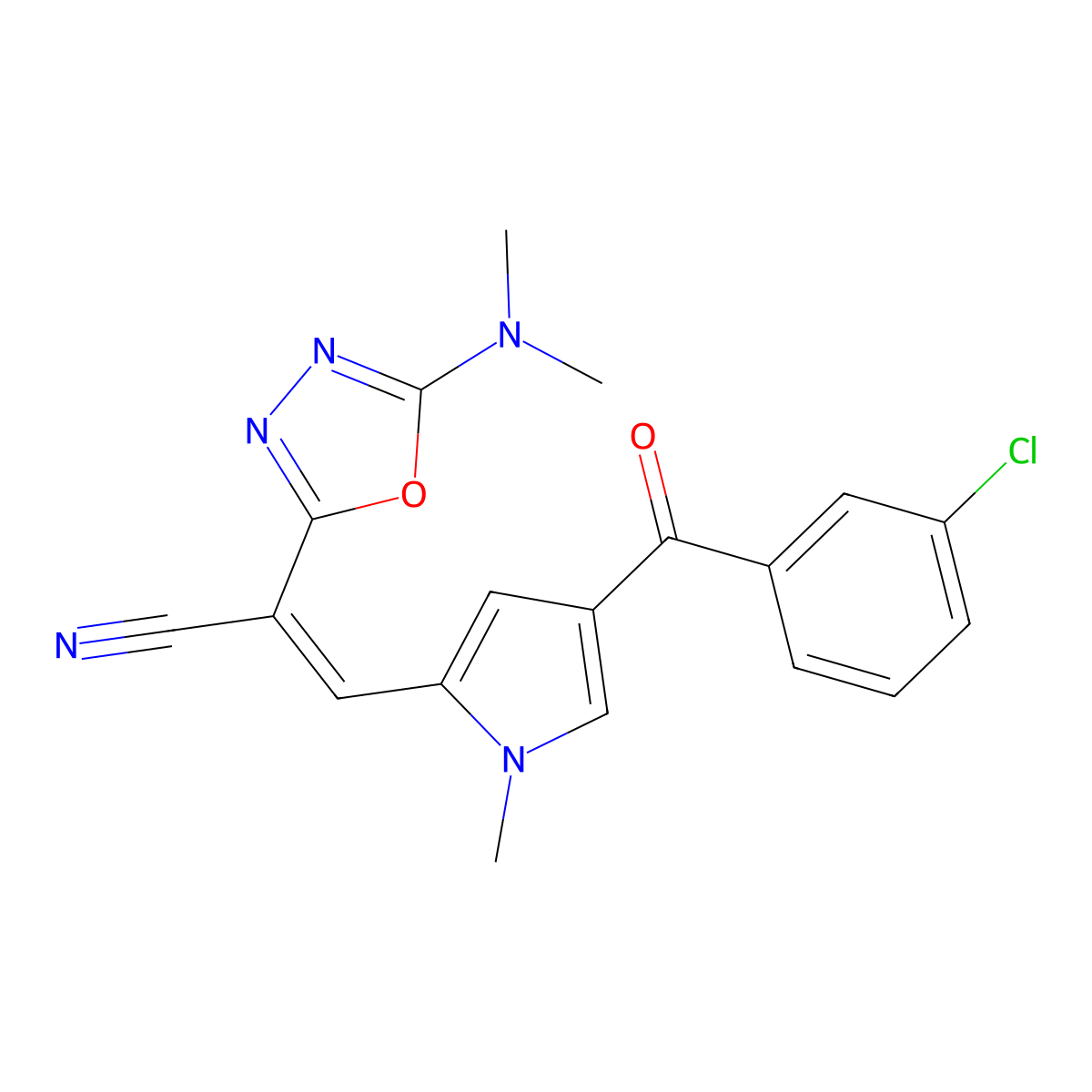 3-[4-(3-chlorobenzoyl)-1-methyl-1H-pyrrol-2-yl]-2-[5-(dimethylamino)-1,3,4-oxadiazol-2-yl]acrylonitrile molecular structure, CAS 338978-23-7