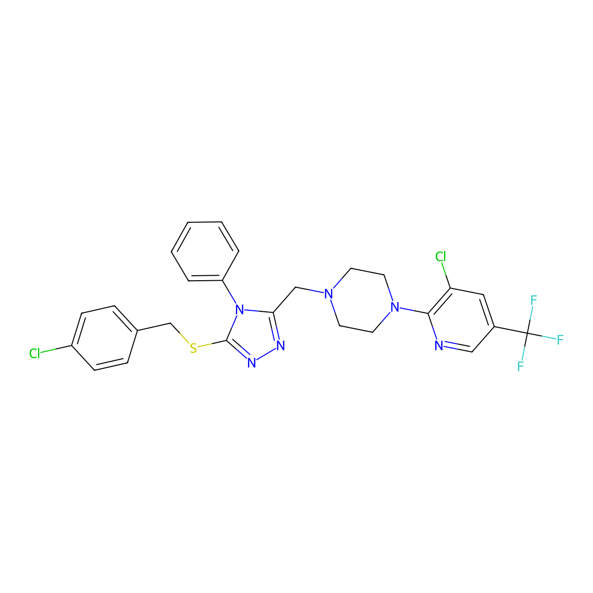 1-({5-[(4-chlorobenzyl)sulfanyl]-4-phenyl-4H-1,2,4-triazol-3-yl}methyl)-4-[3-chloro-5-(trifluoromethyl)-2-pyridinyl]piperazine molecular structure, CAS 338979-29-6
