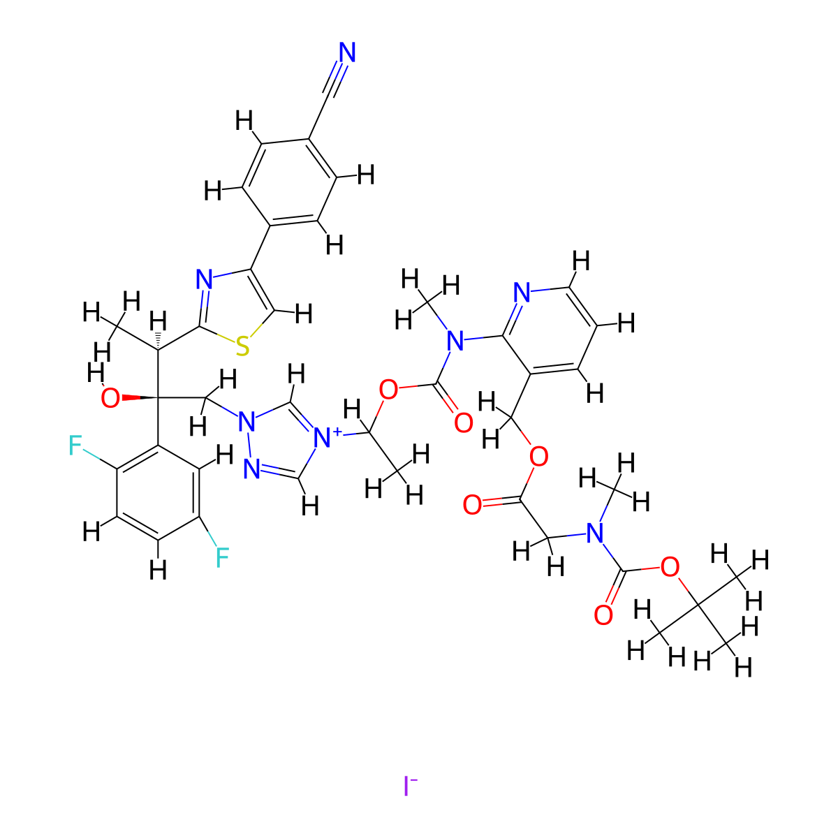 4-(1-(3-(N-(t-Butoxycarbonyl)-N-methylglycyloxy)methyl)pyridin-2-yl(methyl)carbamoyl)oxy)ethyl)-1-(2R,3R)-3-(4-(4-cyanophenyl)thiazol-2-yl)-2-(2,5-difluorophenyl)2-hydroxybutyl1-(1,2,4-triazol) Iodide molecular structure, CAS 338990-64-0
