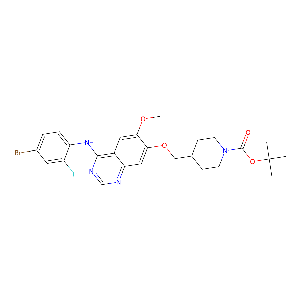 tert-Butyl 4-(((4-((4-bromo-2-fluorophenyl)amino)-6-methoxyquinazolin-7-yl)oxy)methyl)piperidine-1-carboxylate molecular structure, CAS 338992-20-4