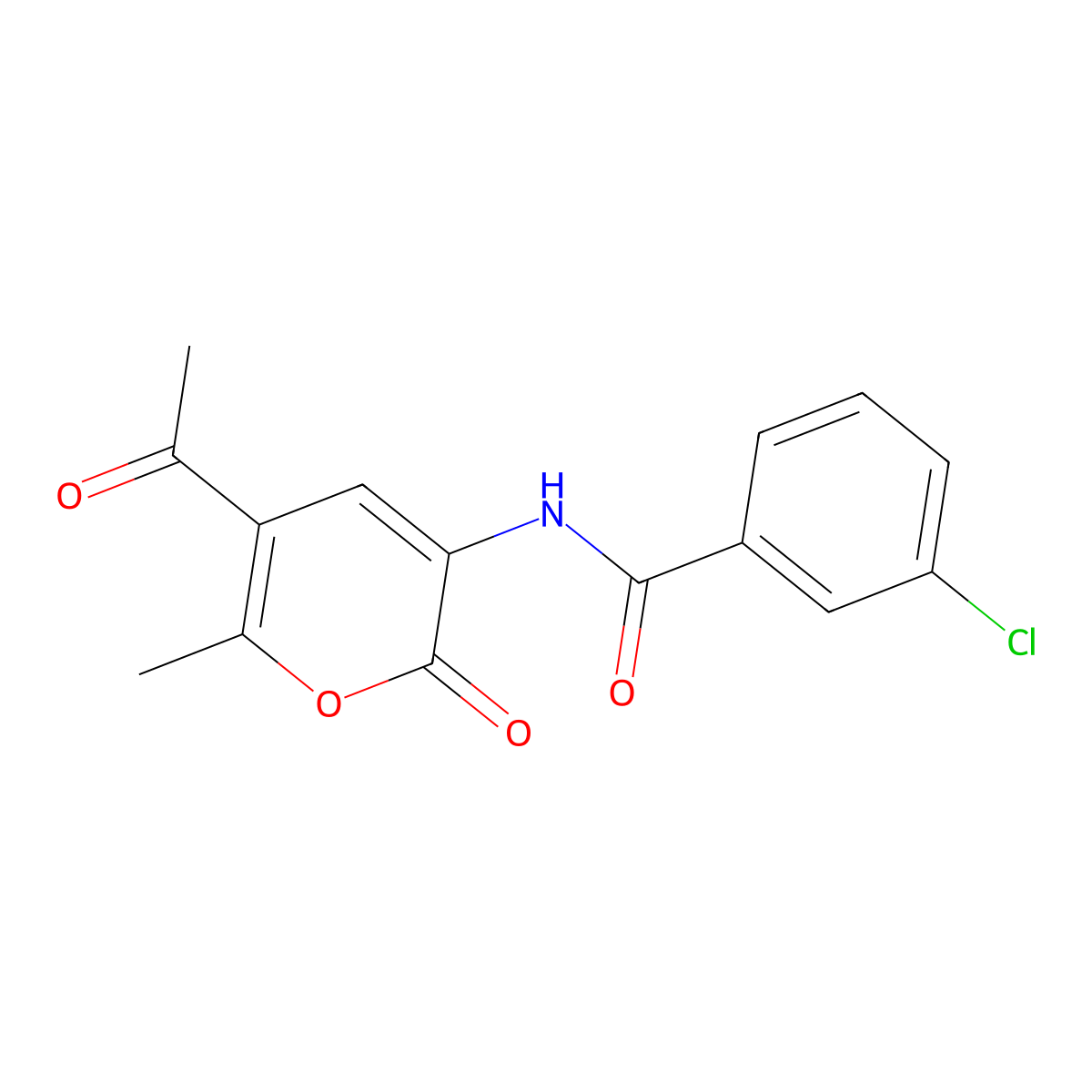 N-(5-acetyl-6-methyl-2-oxo-2H-pyran-3-yl)-3-chlorobenzenecarboxamide molecular structure, CAS 339009-27-7