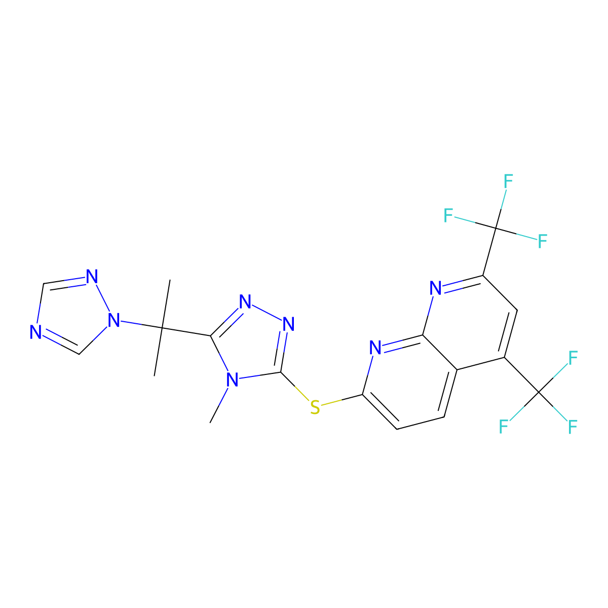 7-[[4-Methyl-5-[2-(1,2,4-triazol-1-yl)propan-2-yl]-1,2,4-triazol-3-yl]sulfanyl]-2,4-bis(trifluoromethyl)-1,8-naphthyridine molecular structure, CAS 339009-60-8