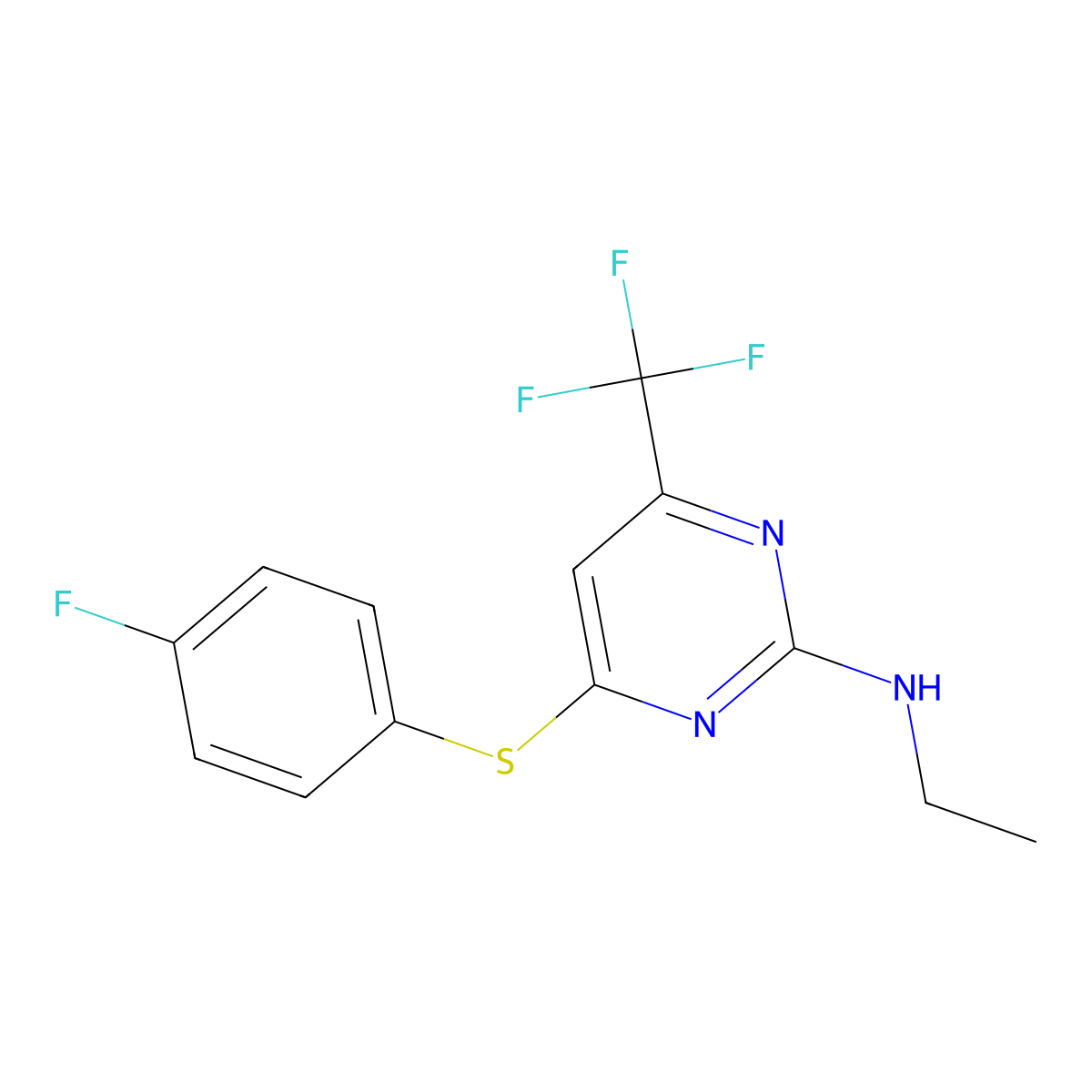 N-ethyl-4-[(4-fluorophenyl)sulfanyl]-6-(trifluoromethyl)-2-pyrimidinamine molecular structure, CAS 339011-02-8
