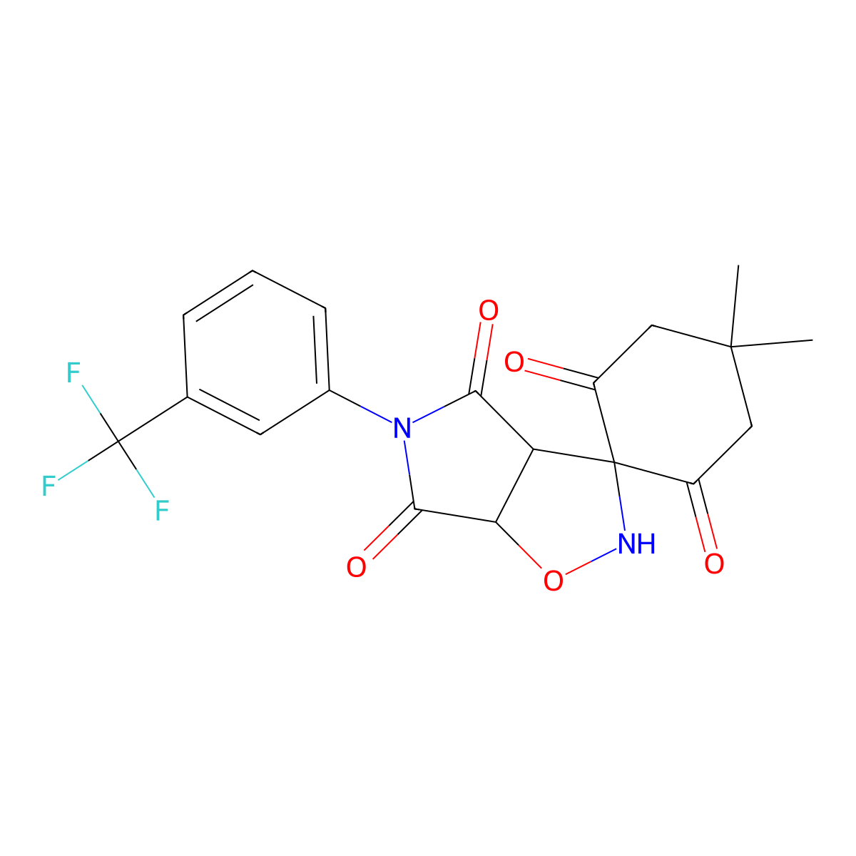 3,3-Spiro-2-[5,5-dimethylcyclohexane-1,3-dionyl]-5-(3-trifluoromethylphenyl)dihydro-2H-pyrrolo[3,4-d]isoxazole-4,6-(3H,5H)-dione molecular structure, CAS 339011-76-6