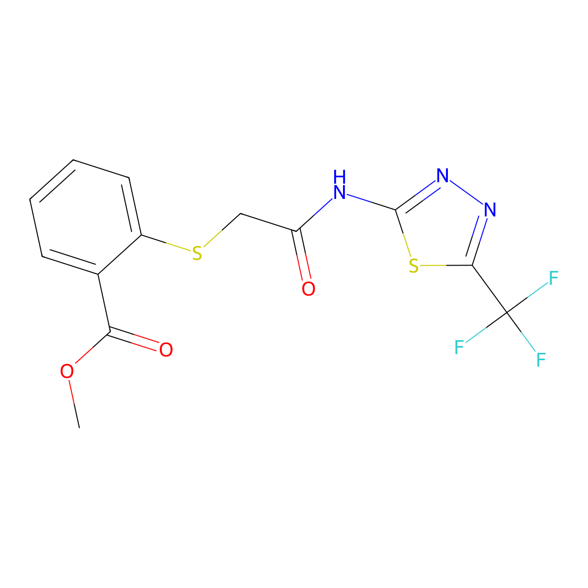 Methyl 2-[(2-oxo-2-{[5-(trifluoromethyl)-1,3,4-thiadiazol-2-yl]amino}ethyl)sulfanyl]benzenecarboxylate molecular structure, CAS 339013-90-0