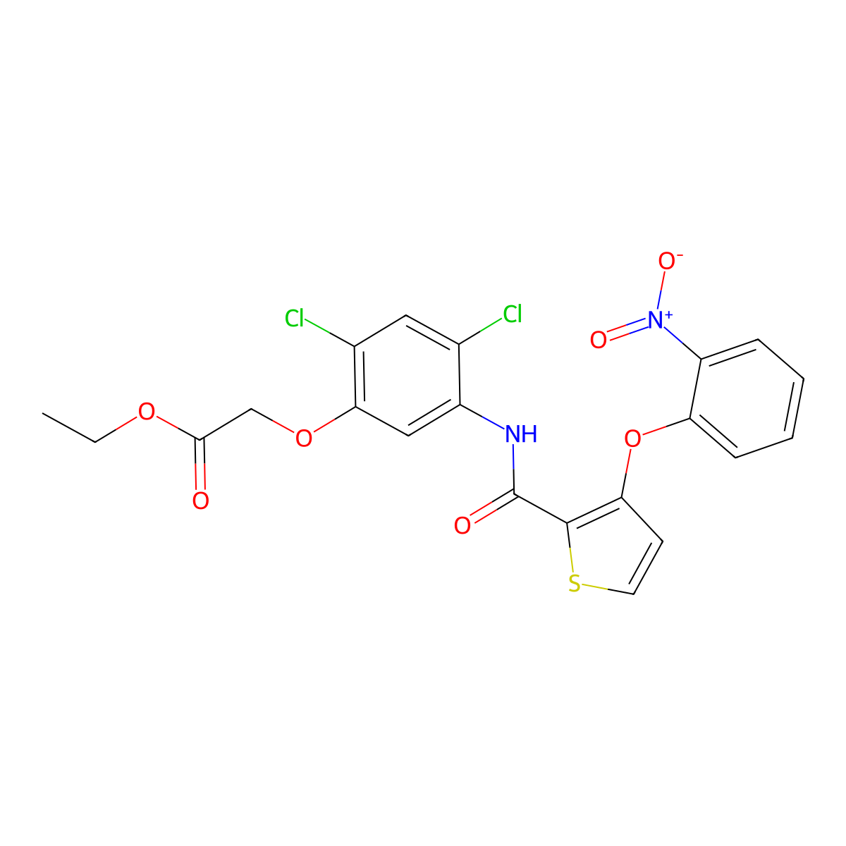 Ethyl 2-(2,4-Dichloro-5-(((3-(2-nitrophenoxy)-2-thienyl)carbonyl)amino)phenoxy)acetate molecular structure, CAS 339015-23-5