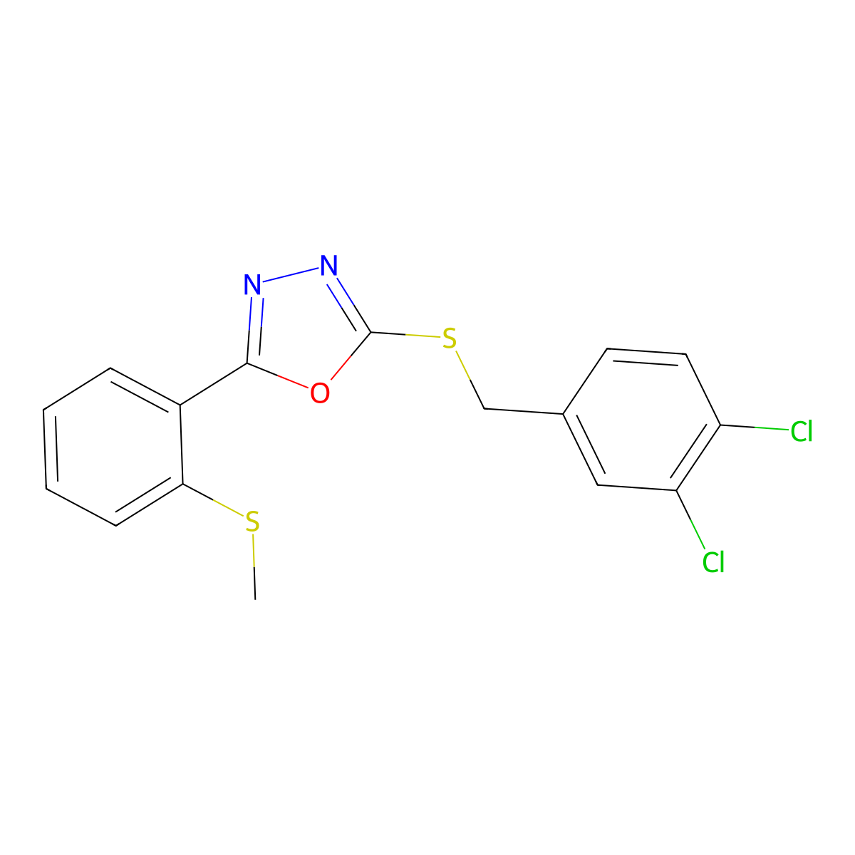 2-[(3,4-Dichlorobenzyl)sulfanyl]-5-[2-(methylsulfanyl)phenyl]-1,3,4-oxadiazole molecular structure, CAS 339015-33-7