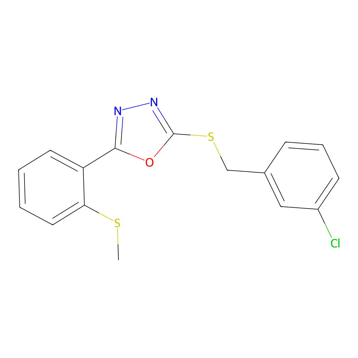 3-Chlorobenzyl 5-[2-(methylsulfanyl)phenyl]-1,3,4-oxadiazol-2-yl sulfide molecular structure, CAS 339015-42-8
