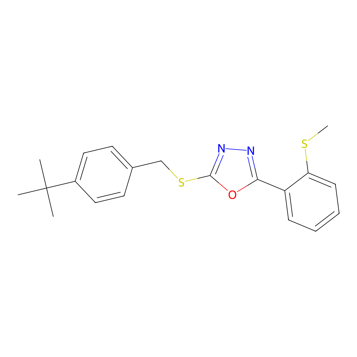 2-{[4-(Tert-butyl)benzyl]sulfanyl}-5-[2-(methylsulfanyl)phenyl]-1,3,4-oxadiazole molecular structure, CAS 339015-43-9