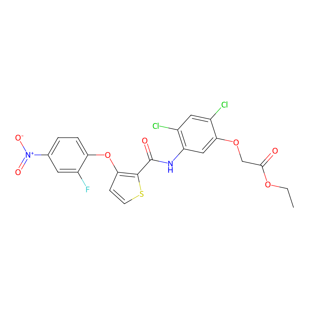 Ethyl 2-(2,4-dichloro-5-(((3-(2-fluoro-4-nitrophenoxy)-2-thienyl)carbonyl)amino)phenoxy)acetate molecular structure, CAS 339015-60-0