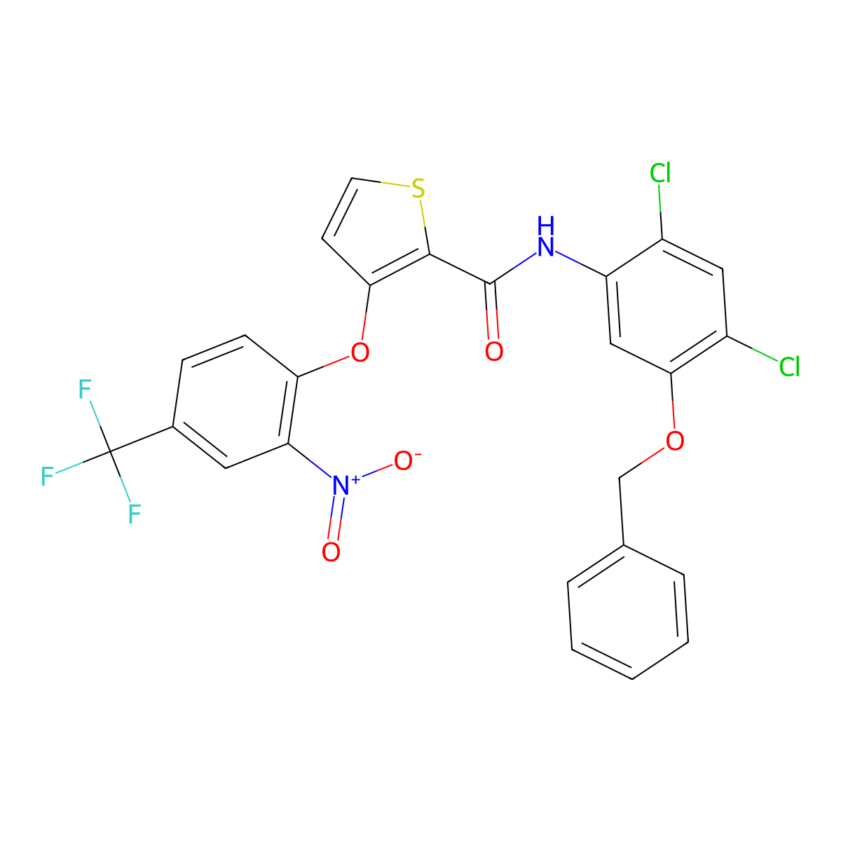 N-(5-(Benzyloxy)-2,4-dichlorophenyl)-3-(2-nitro-4-(trifluoromethyl)phenoxy)-2-thiophenecarboxamide molecular structure, CAS 339015-69-9