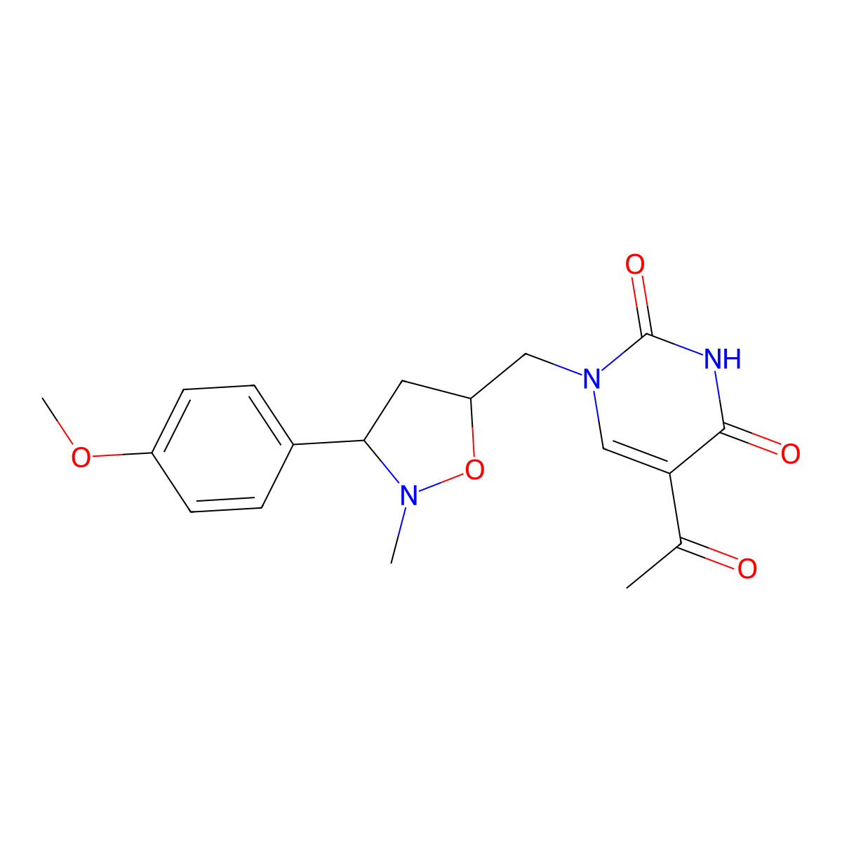 5-acetyl-1-{[3-(4-methoxyphenyl)-2-methyltetrahydro-5-isoxazolyl]methyl}-2,4(1H,3H)-pyrimidinedione molecular structure, CAS 339016-46-5