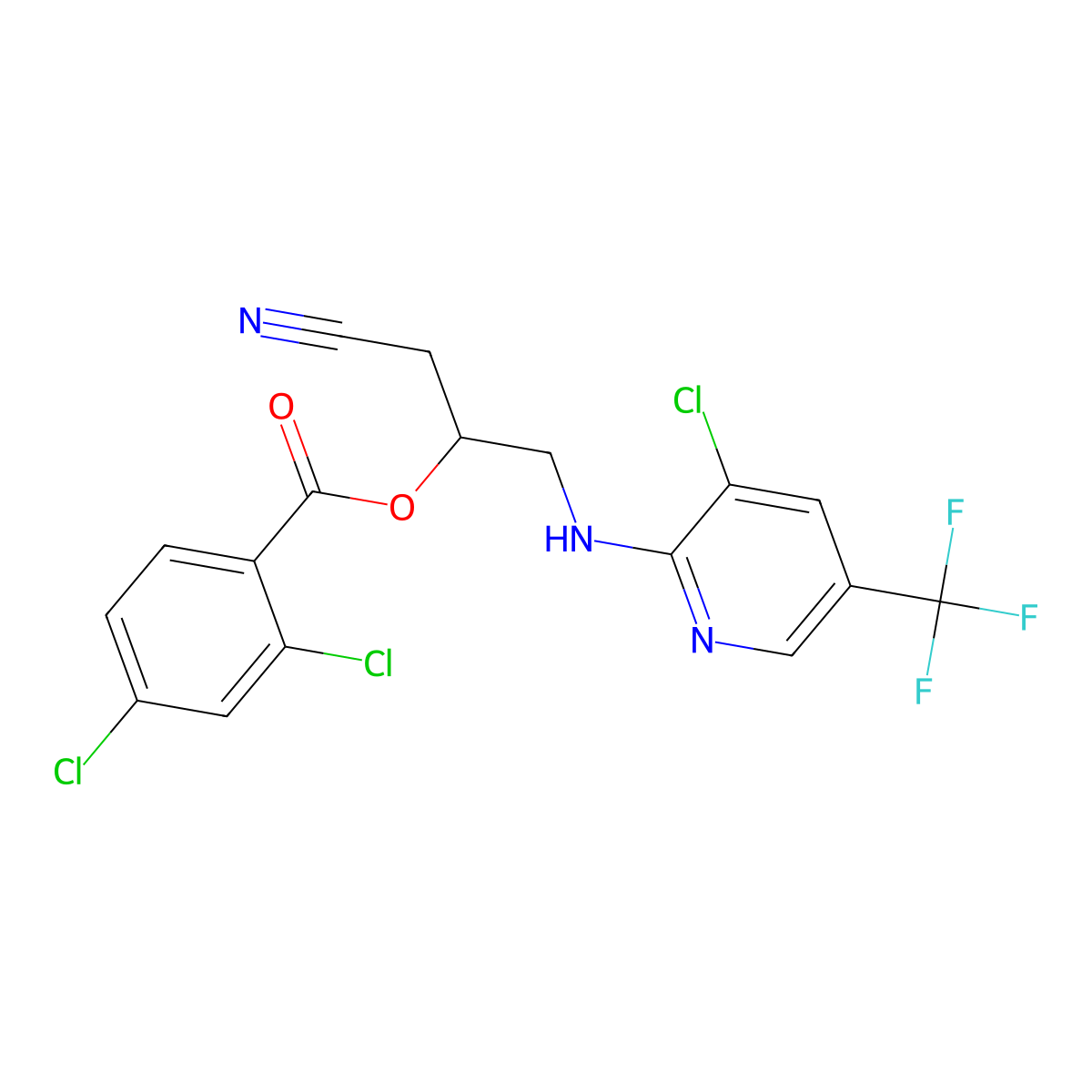 2-{[3-Chloro-5-(trifluoromethyl)-2-pyridinyl]amino}-1-(cyanomethyl)ethyl 2,4-dichlorobenzenecarboxylate molecular structure, CAS 339016-48-7