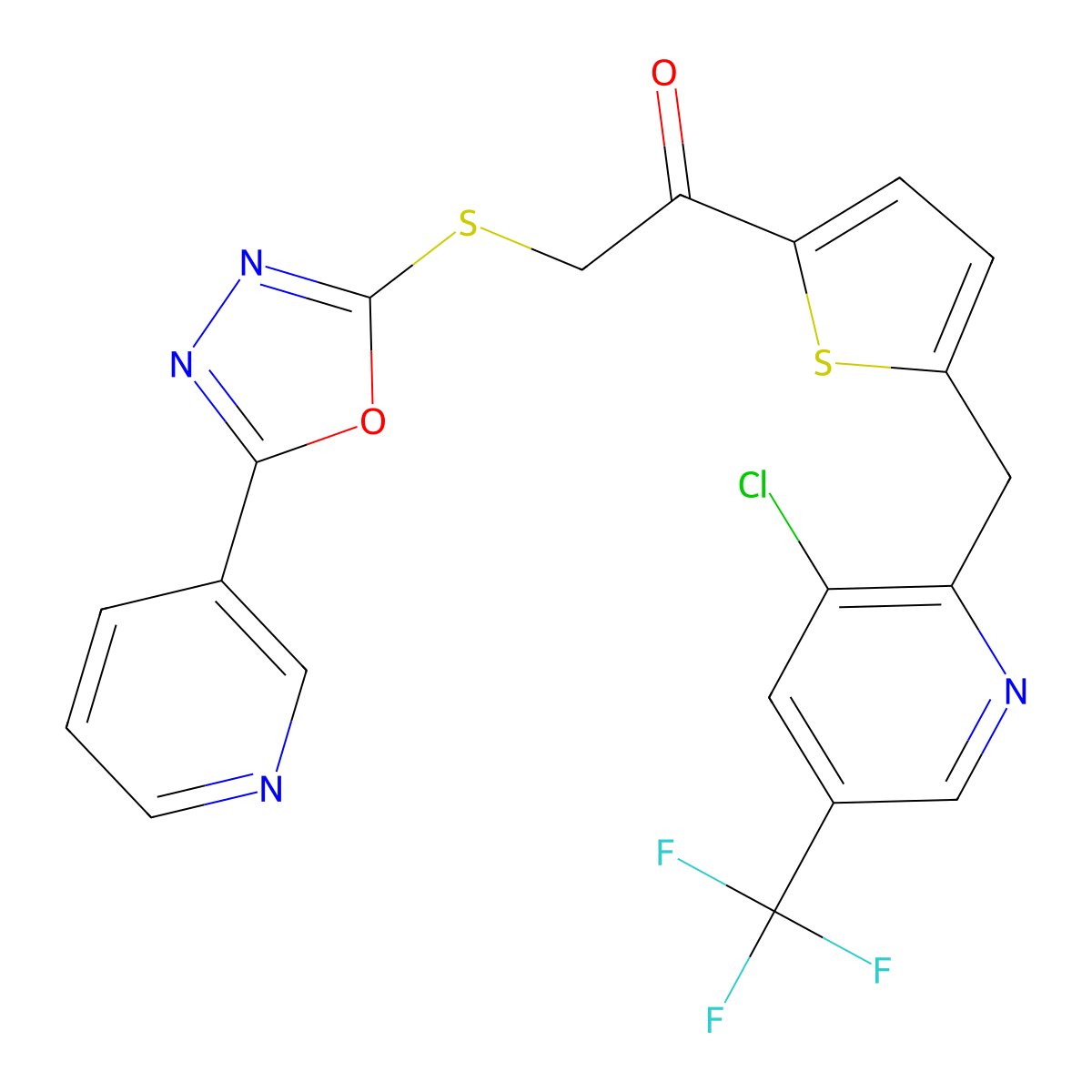 1-(5-((3-Chloro-5-(trifluoromethyl)-2-pyridinyl)methyl)-2-thienyl)-2-((5-(3-pyridinyl)-1,3,4-oxadiazol-2-yl)sulfanyl)-1-ethanone molecular structure, CAS 339016-53-4