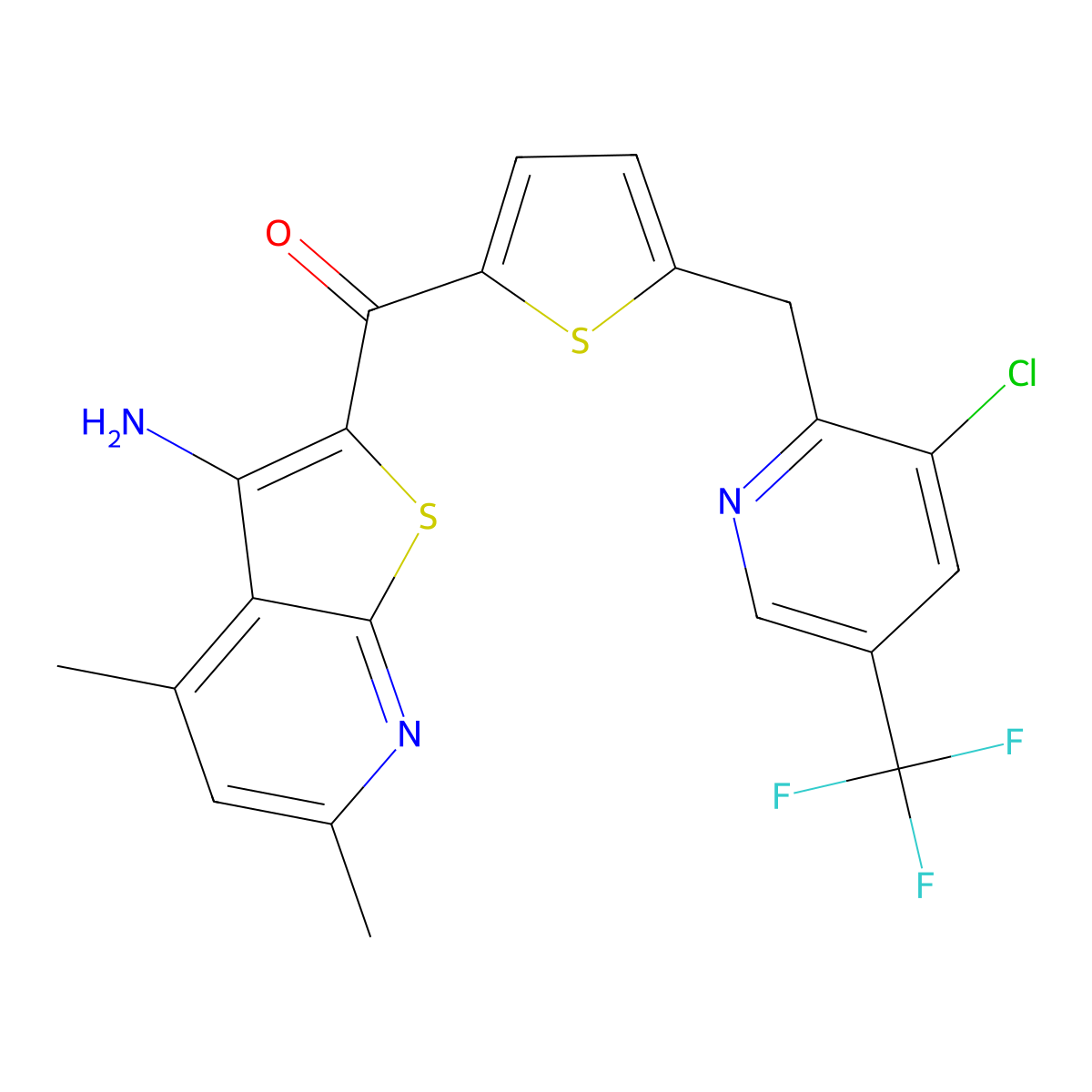 (3-Amino-4,6-dimethylthieno[2,3-b]pyridin-2-yl)(5-((3-chloro-5-(trifluoromethyl)-2-pyridinyl)methyl)-2-thienyl)methanone molecular structure, CAS 339016-63-6