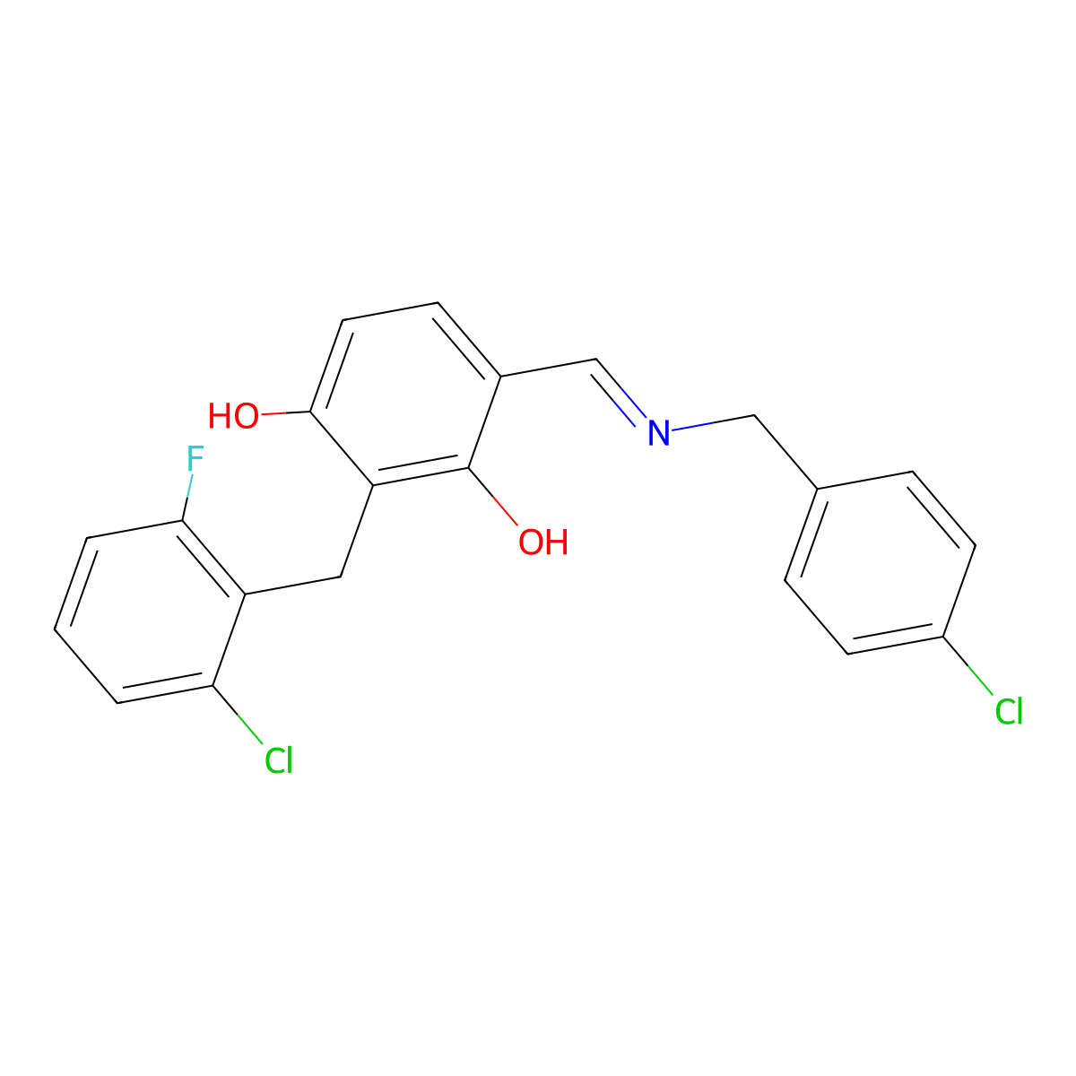 4-{[(4-Chlorobenzyl)imino]methyl}-2-(2-chloro-6-fluorobenzyl)-1,3-benzenediol molecular structure, CAS 339017-56-0